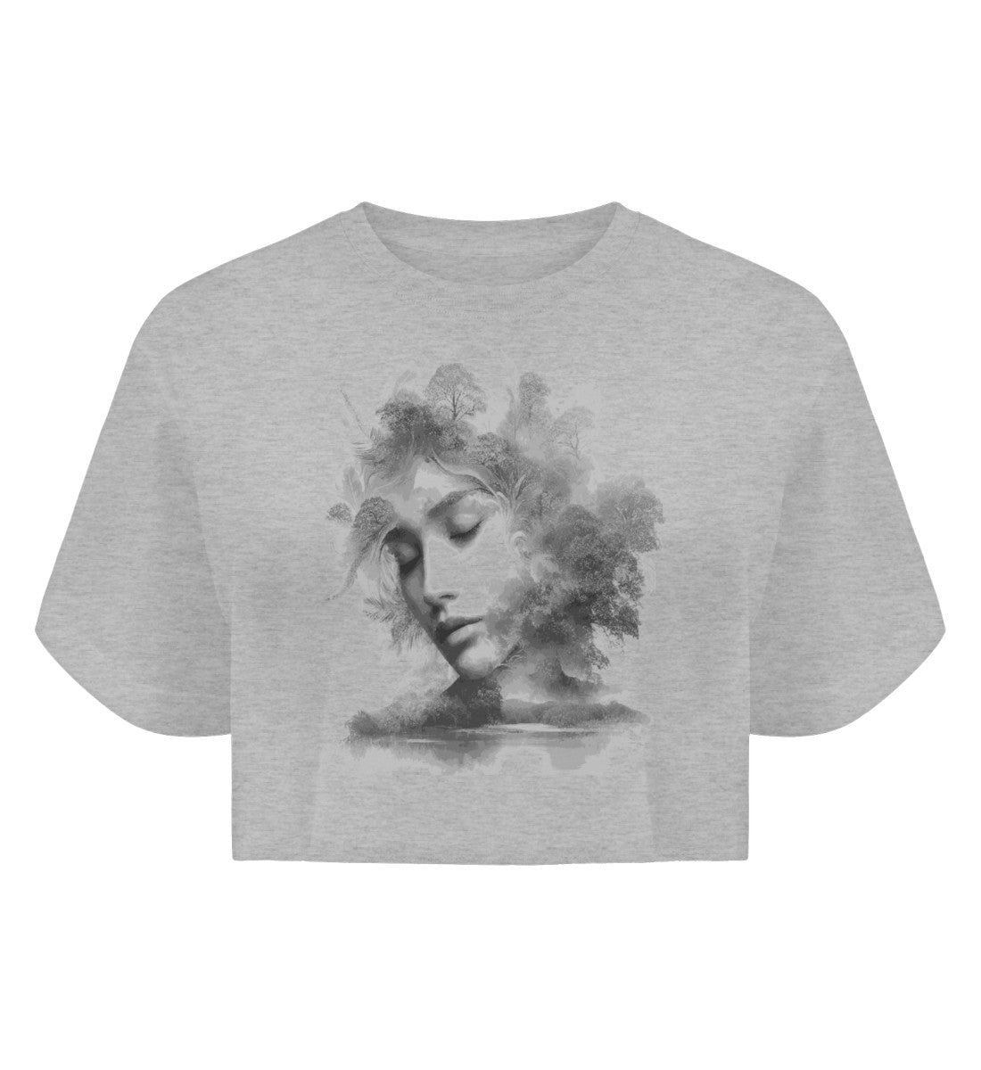 Crop Top Bio Heather Grey-6892 mit Baumgesicht Aufdruck