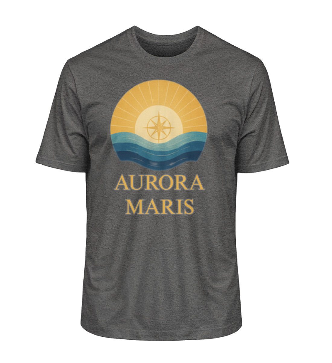 Maritimes Herren Organic Shirt mit AURORA MARIS-(Morgendämmerung des Meeres) Aufdruck in Dunkelgrau (Dark Heather Grey-6898) von www.digiuliano.com