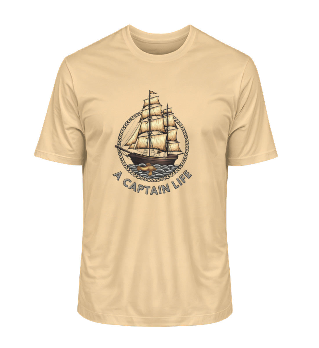 Goldenes Segelboot im Vintage-Stil auf navyblauem Bio-Herren-Shirt mit Schriftzug „A CAPTAIN LIFE“ in Gelb (Nispero-7315) von www.digiuliano.com
