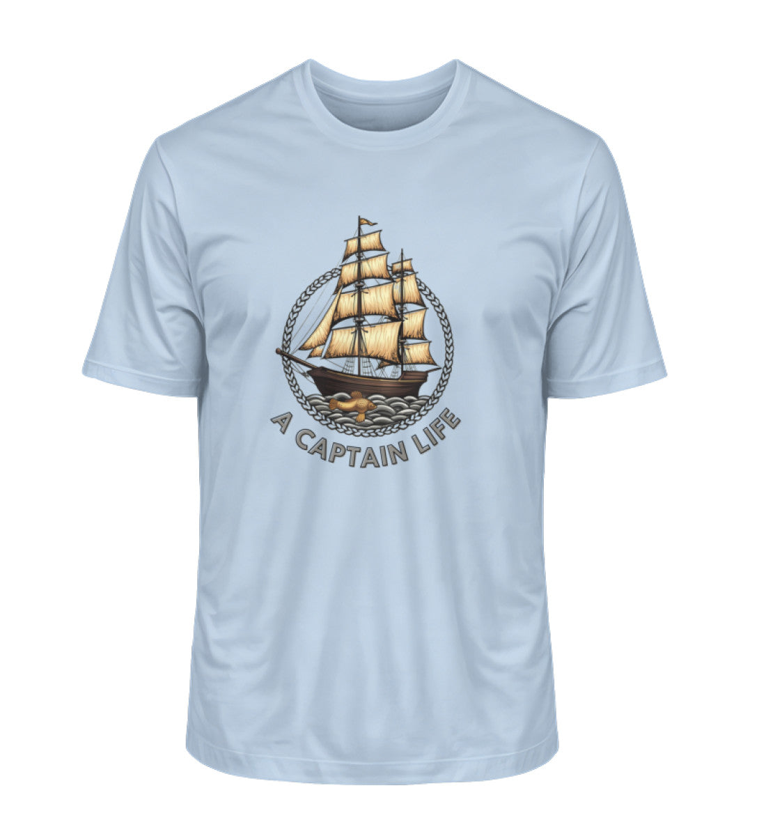 Goldenes Segelboot im Vintage-Stil auf navyblauem Bio-Herren-Shirt mit Schriftzug „A CAPTAIN LIFE“ in Hellblau (Blue Soul-7317) von www.digiuliano.com
