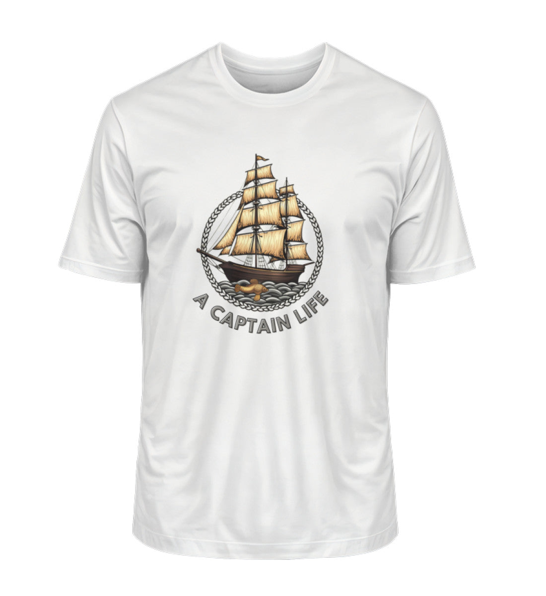 Goldenes Segelboot im Vintage-Stil auf navyblauem Bio-Herren-Shirt mit Schriftzug „A CAPTAIN LIFE“ in Weiß (Off White-7218) von www.digiuliano.com