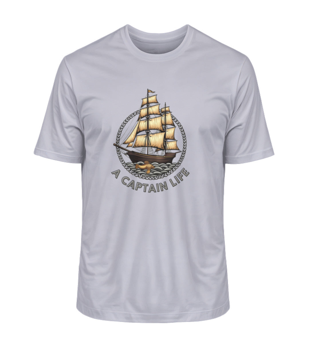 Goldenes Segelboot im Vintage-Stil auf navyblauem Bio-Herren-Shirt mit Schriftzug „A CAPTAIN LIFE“ in Lavendel (Lavendel-7307) von www.digiuliano.com
