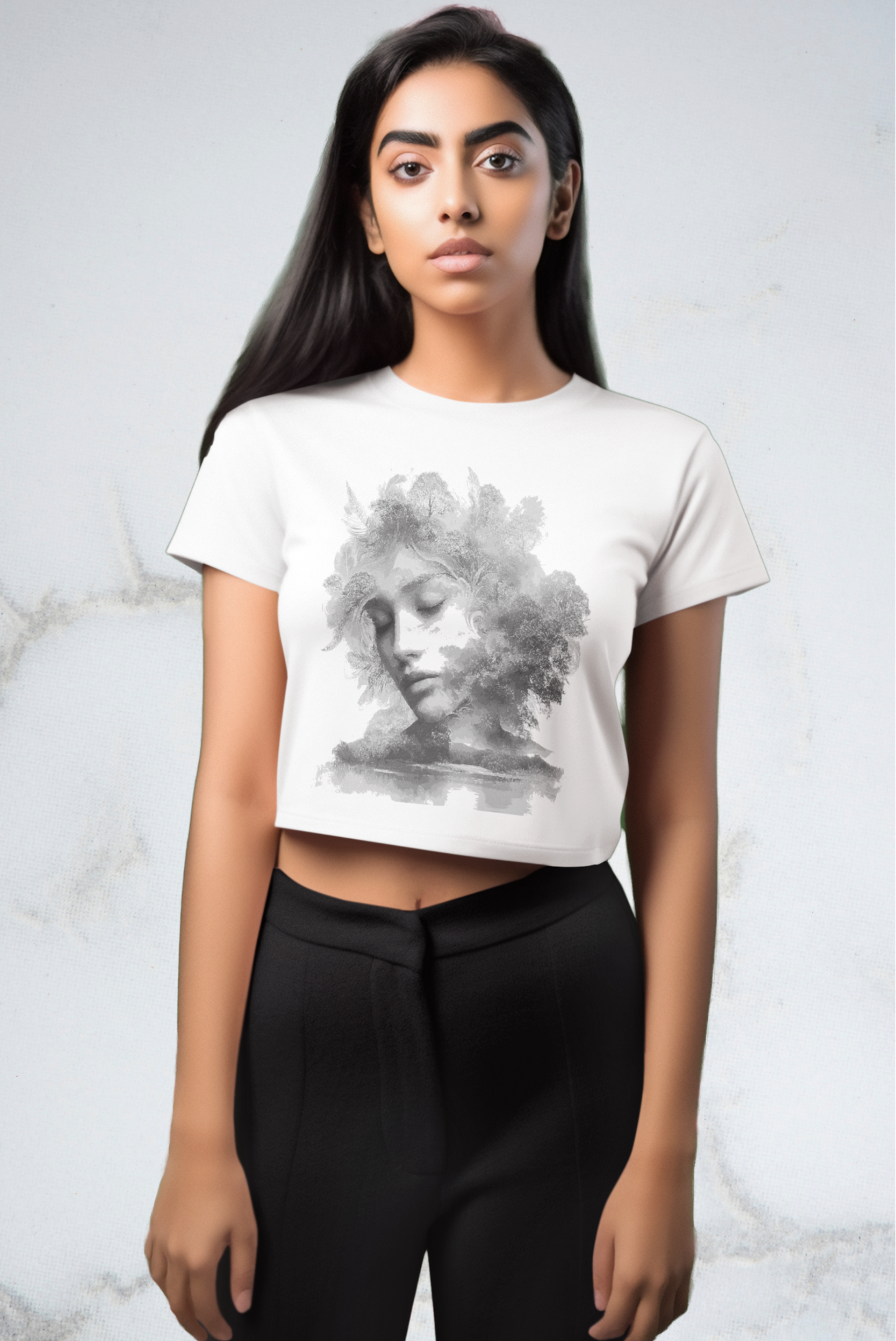 Crop Top Bio in Weiß-3 mit Baumgesicht Aufdruck