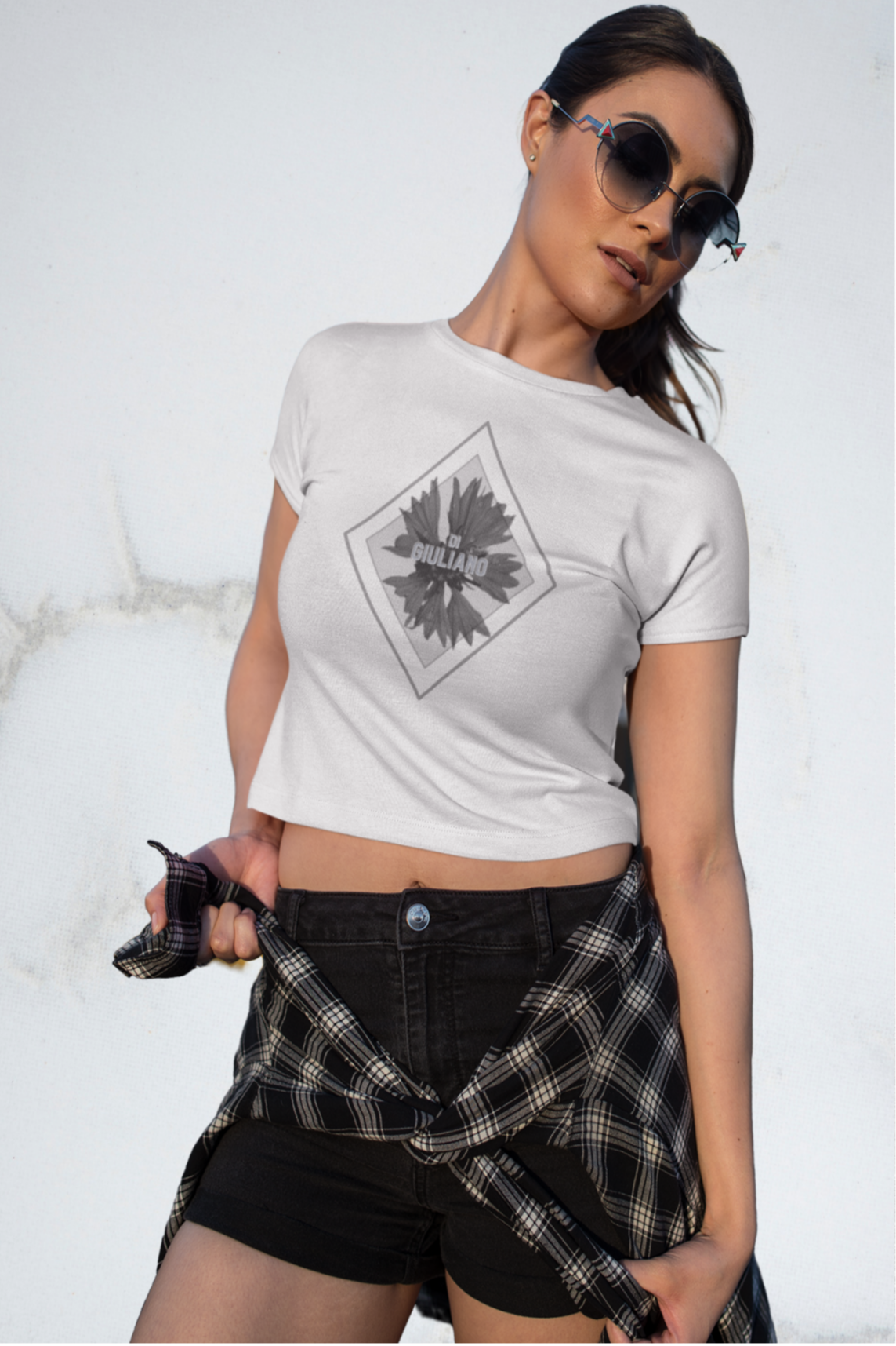 Crop Top Damen in Weiß-3 mit DIGIULIANO und Kornblume Aufdruck