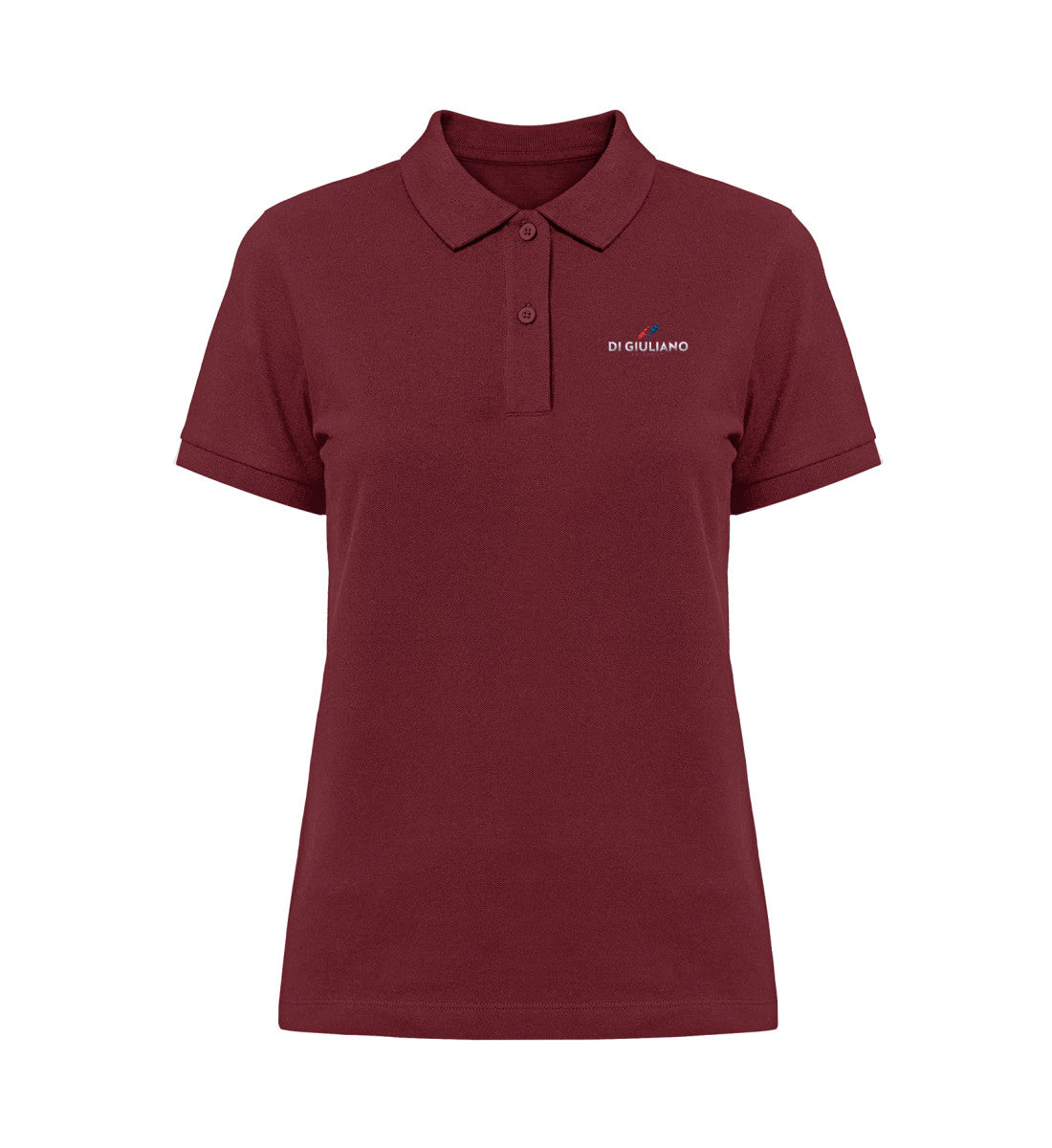 Damen Poloshirt aus Bio-Baumwolle in Dunkelrot (Burgundy-6883) mit „Di Giuliano“ Bruststickerei, klassischer Schnitt, fair produziert von www.digiuliano.com