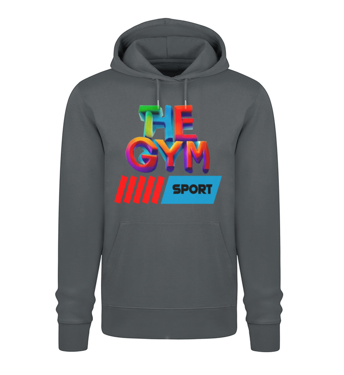 Nachhaltiger Damen Hoodie aus 100% Bio-Baumwolle in hochwertiger Verarbeitung, perfekt für Komfort und Umweltbewusstsein in Dunkelgrau (India Ink Grey-7147) mit THE-GYM-SPORT Aufdruck von www.digiuliano.com