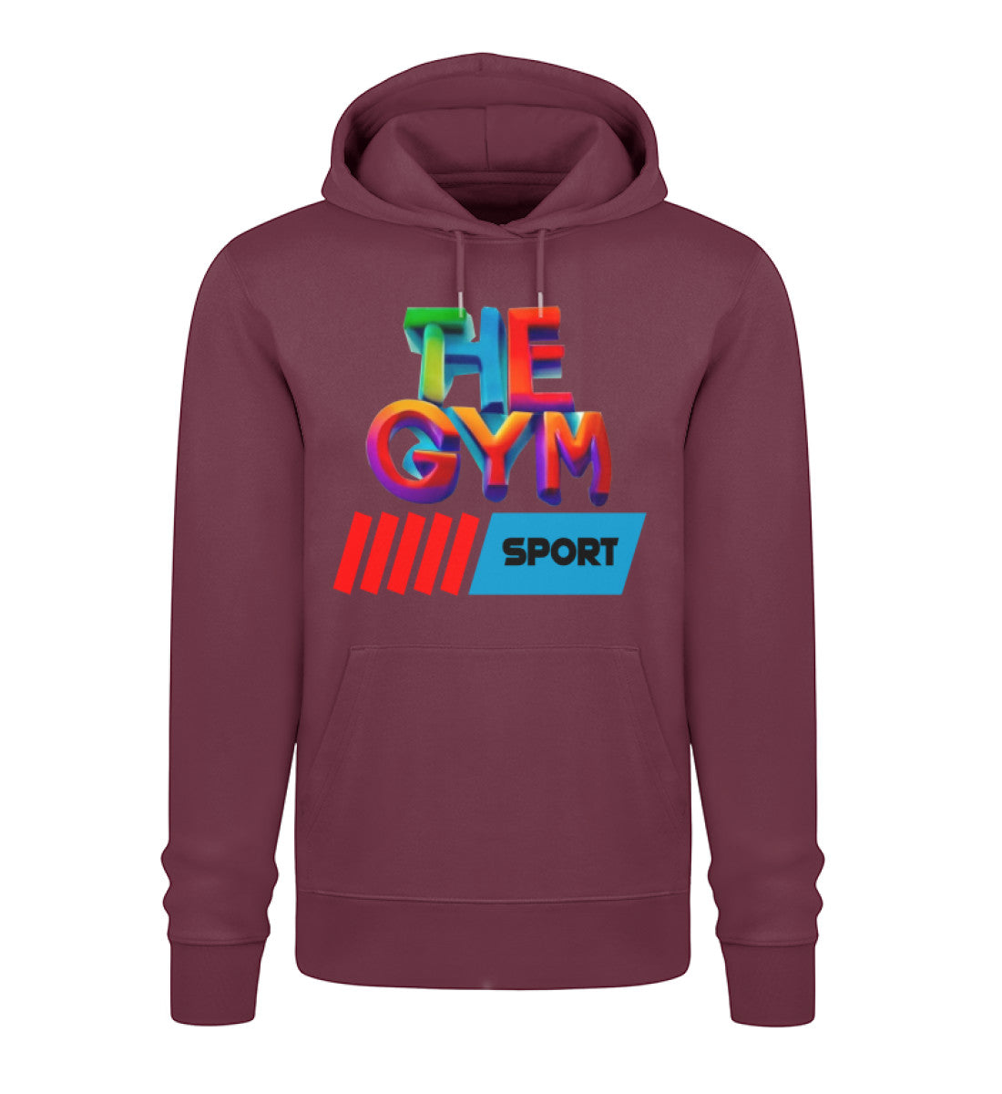 Nachhaltiger Damen Hoodie aus 100% Bio-Baumwolle in hochwertiger Verarbeitung, perfekt für Komfort und Umweltbewusstsein in Dunkelrot (Burgundy-839) mit THE-GYM-SPORT Aufdruck von www.digiuliano.com