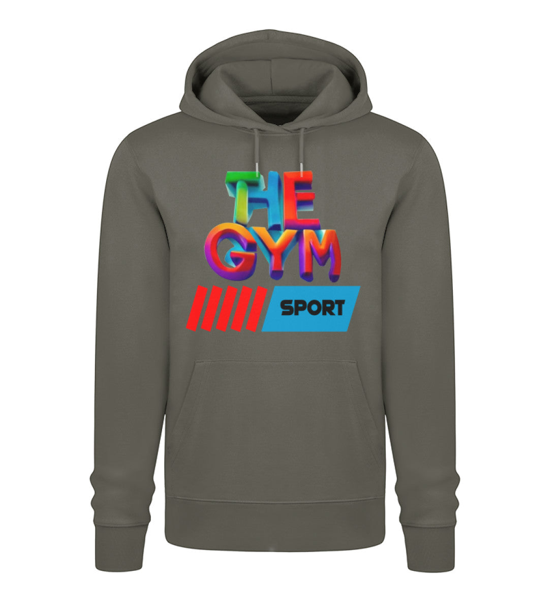 Nachhaltiger Damen Hoodie aus 100% Bio-Baumwolle in hochwertiger Verarbeitung, perfekt für Komfort und Umweltbewusstsein in Khaki-7151 mit THE-GYM-SPORT Aufdruck von www.digiuliano.com