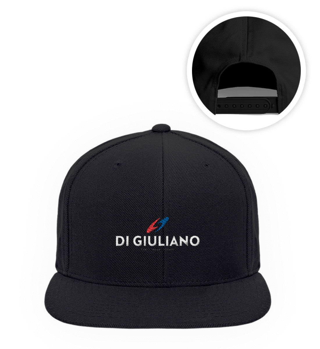 Klassische FLEXFIT Snapback Cap mit vorgebogenem Schirm und 5-Panel-Design aus 100 % Baumwolle in Schwarz (Black-16) mit Aufdruck von www.digiuliano.com