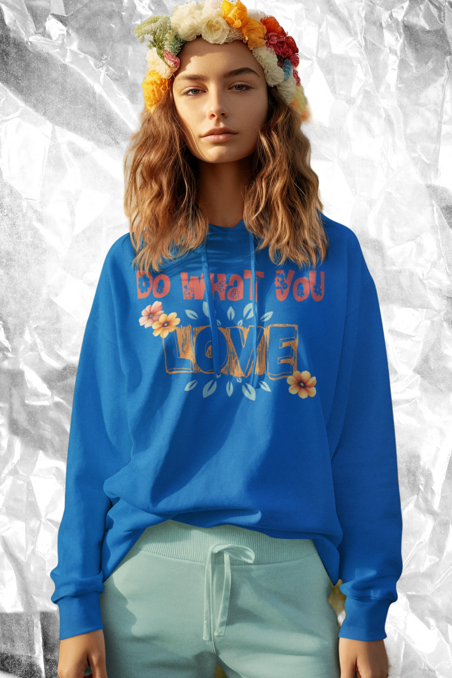Unisex Organic Hoodies Damen in Arbeiter Blau-7217 mit DO-WHAT-YOU-LOVE Aufdruck