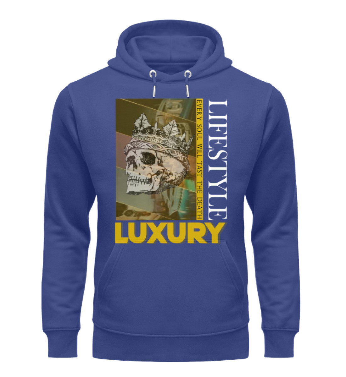 Luxus Organic Hoodie Damen – Nachhaltiger Hoodie aus Bio-Baumwolle und recyceltem Polyester, stilvoll und umweltbewusst in Worker Blue-7217 mit LUXURY LIFESTYLE Aufdruck von www.digiuliano.com