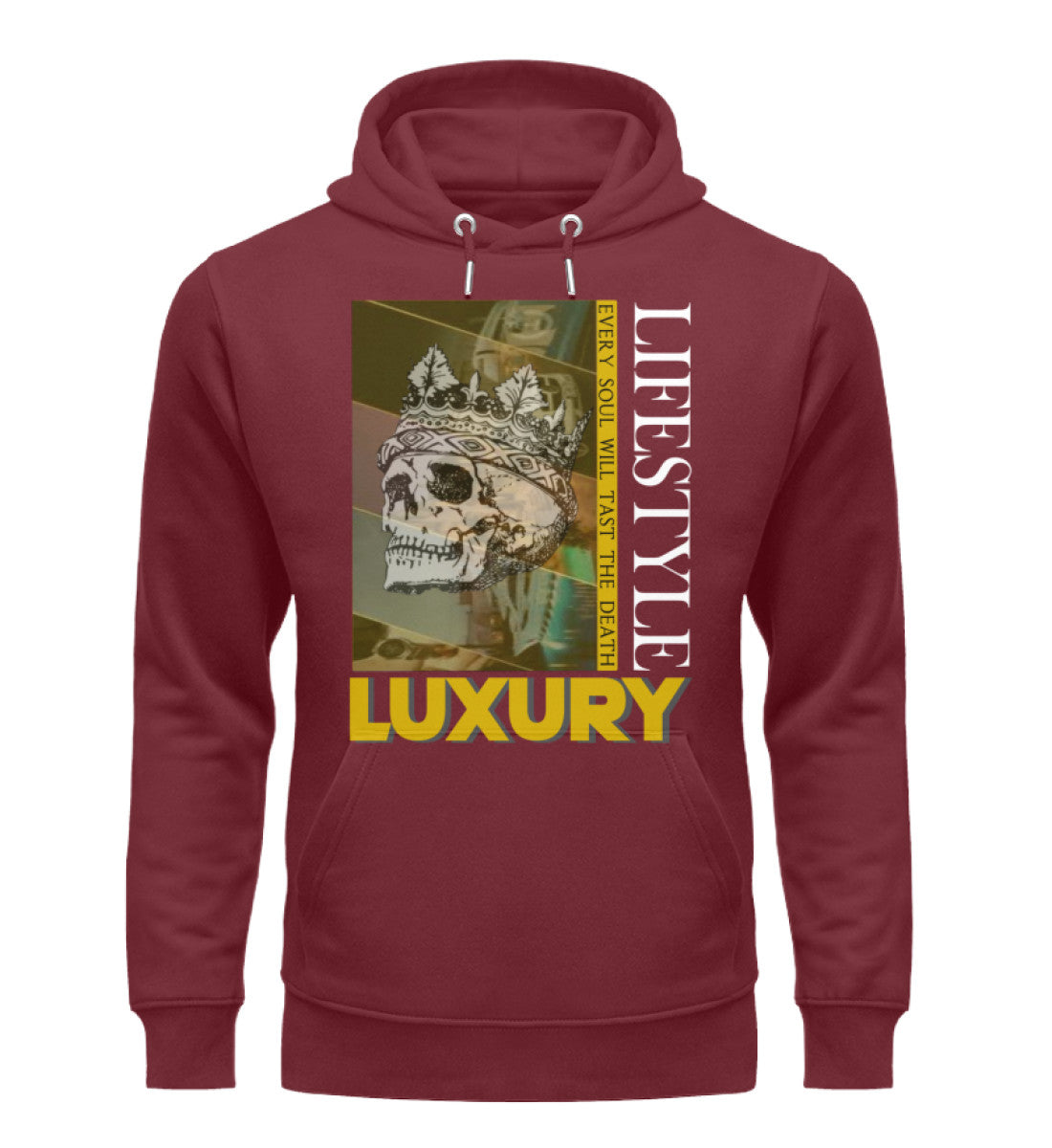 Luxus Organic Hoodie Damen – Nachhaltiger Hoodie aus Bio-Baumwolle und recyceltem Polyester, stilvoll und umweltbewusst in Burgundy-6883 mit LUXURY LIFESTYLE Aufdruck von www.digiuliano.com