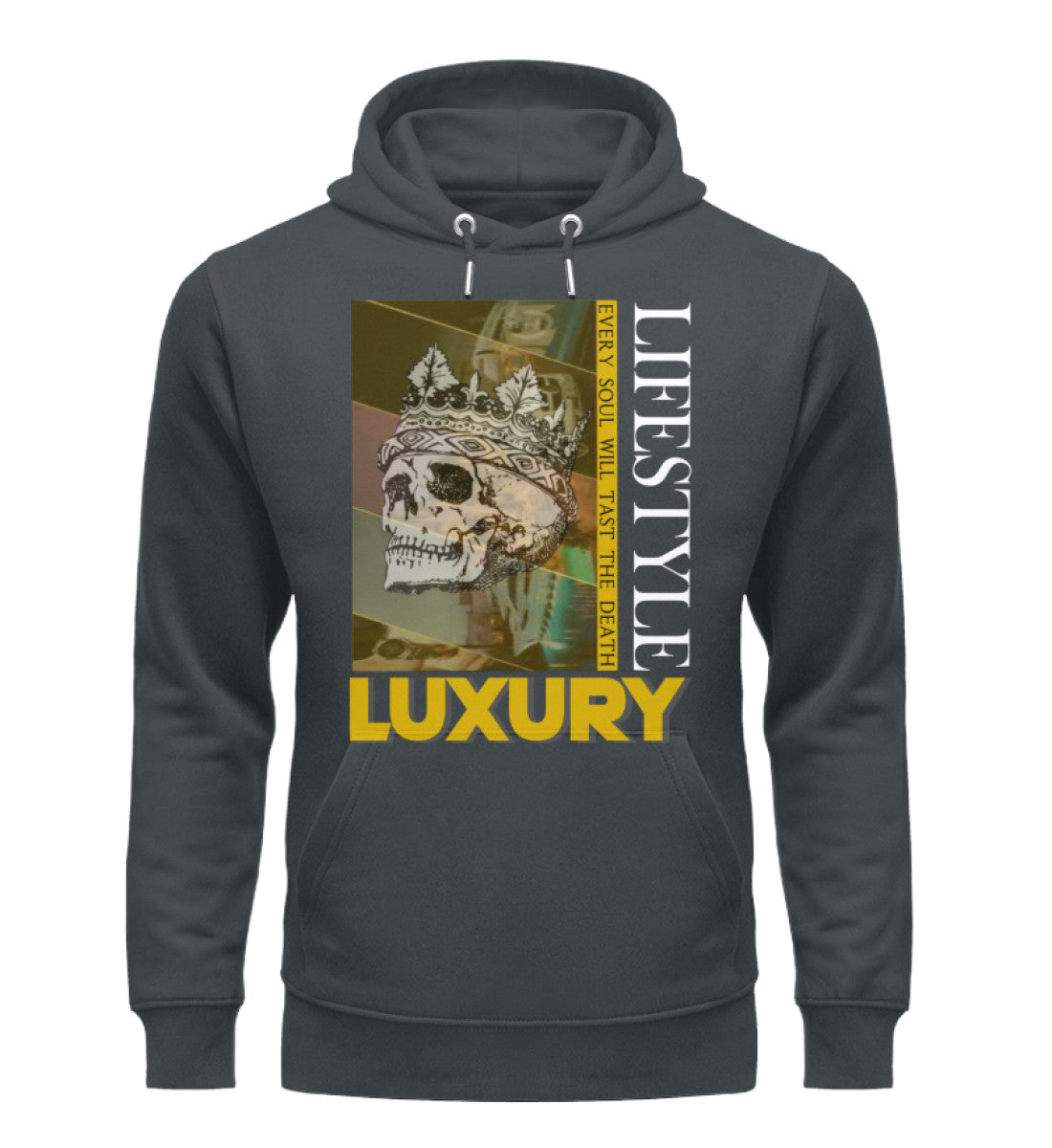 Luxus Organic Hoodie Damen – Nachhaltiger Hoodie aus Bio-Baumwolle und recyceltem Polyester, stilvoll und umweltbewusst in India Ink Grey-7147 mit LUXURY LIFESTYLE Aufdruck von www.digiuliano.com