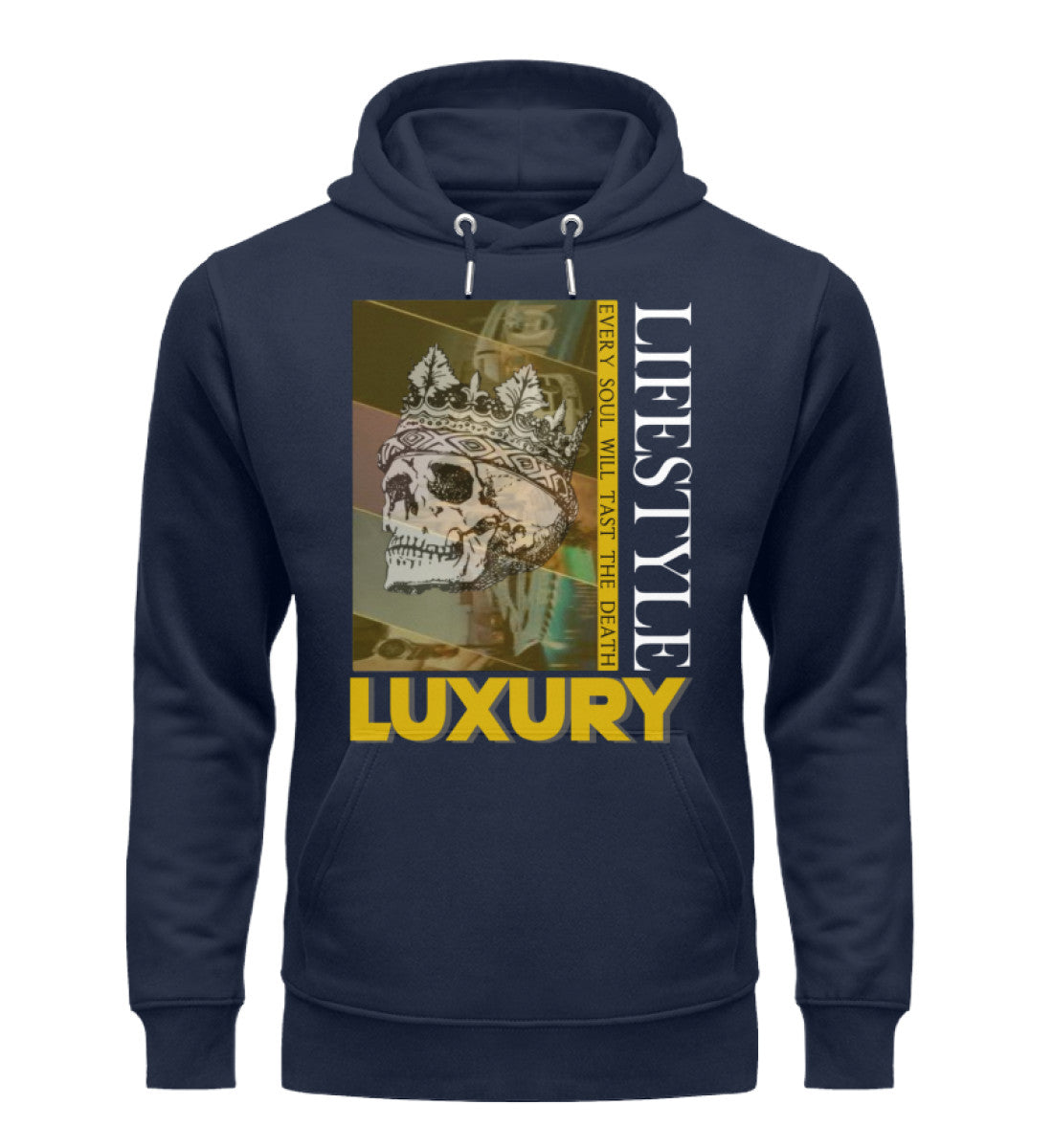 Luxus Organic Hoodie Damen – Nachhaltiger Hoodie aus Bio-Baumwolle und recyceltem Polyester, stilvoll und umweltbewusst in French Navy-6887 mit LUXURY LIFESTYLE Aufdruck von www.digiuliano.com