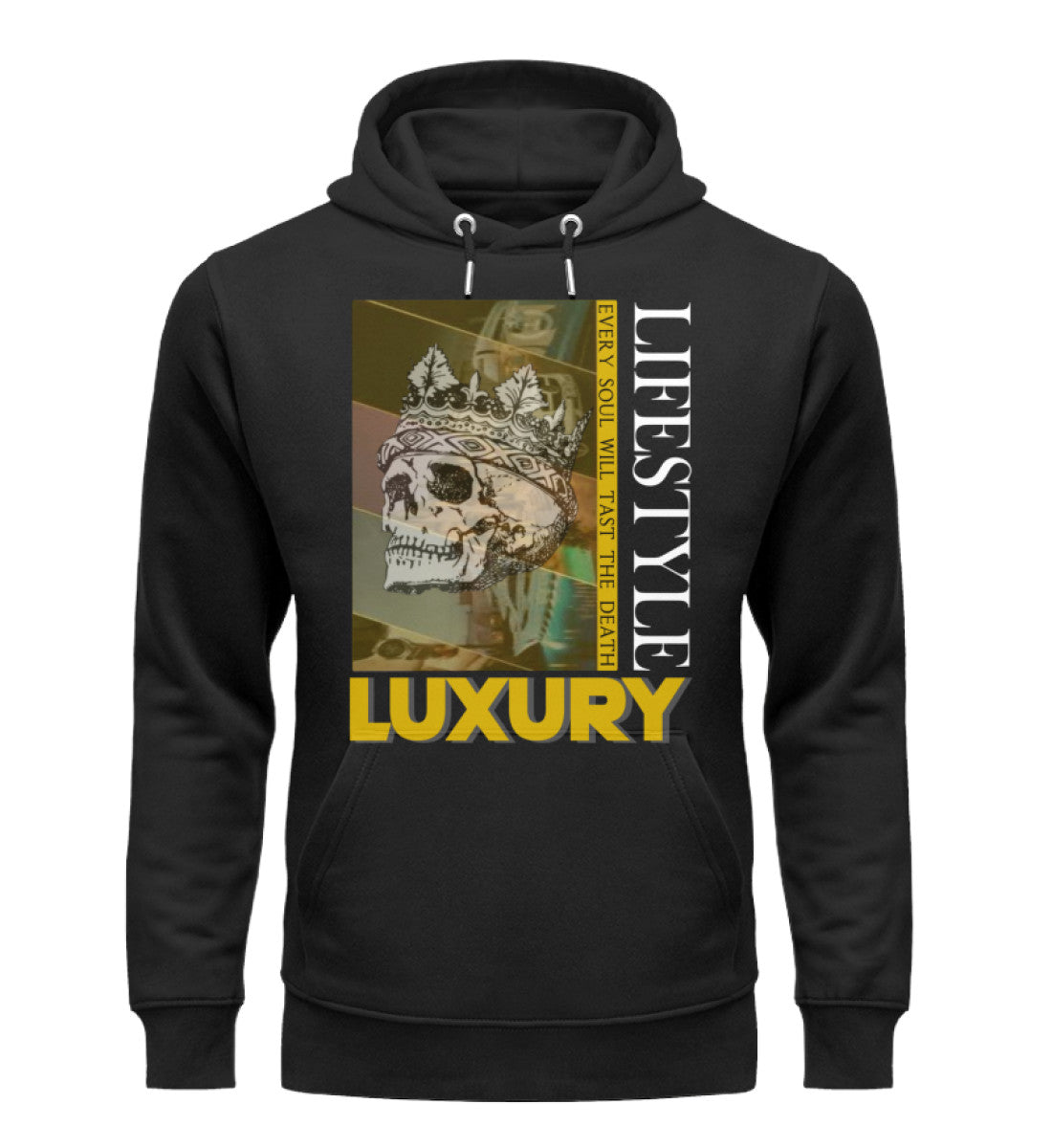 Luxus Organic Hoodie Damen – Nachhaltiger Hoodie aus Bio-Baumwolle und recyceltem Polyester, stilvoll und umweltbewusst in Black-16 mit LUXURY LIFESTYLE Aufdruck von www.digiuliano.com