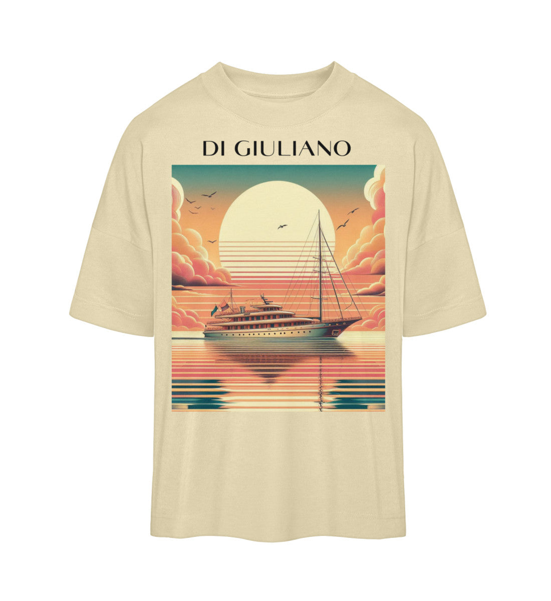 Oversize T-Shirt aus Bio-Baumwolle für Damen – Maritimes Design mit Schiff und Sonnenuntergang. Natural Raw-7131