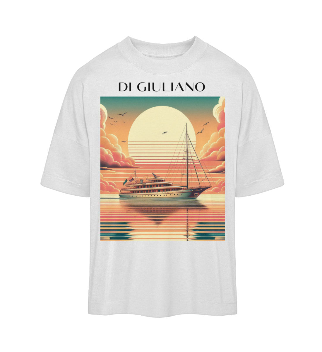 Oversize T-Shirt aus Bio-Baumwolle für Damen – Maritimes Design mit Schiff und Sonnenuntergang-White-3