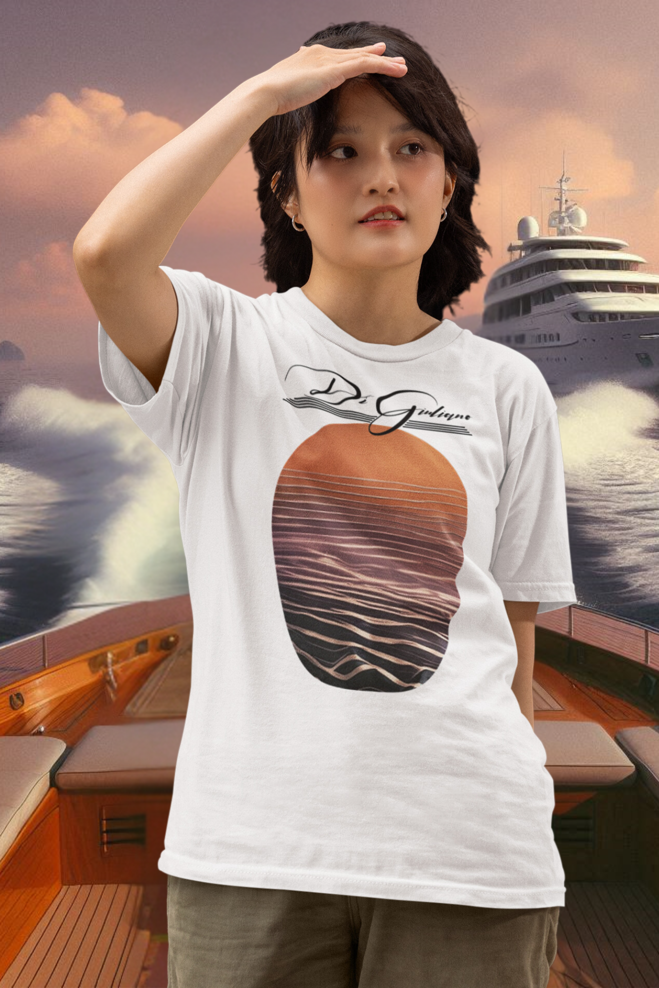 Oversized Bio-Baumwoll-T-Shirt mit Sonnenuntergangs-Design und Wellenstruktur – nachhaltig, bequem und umweltfreundlich. Farbe: White-3