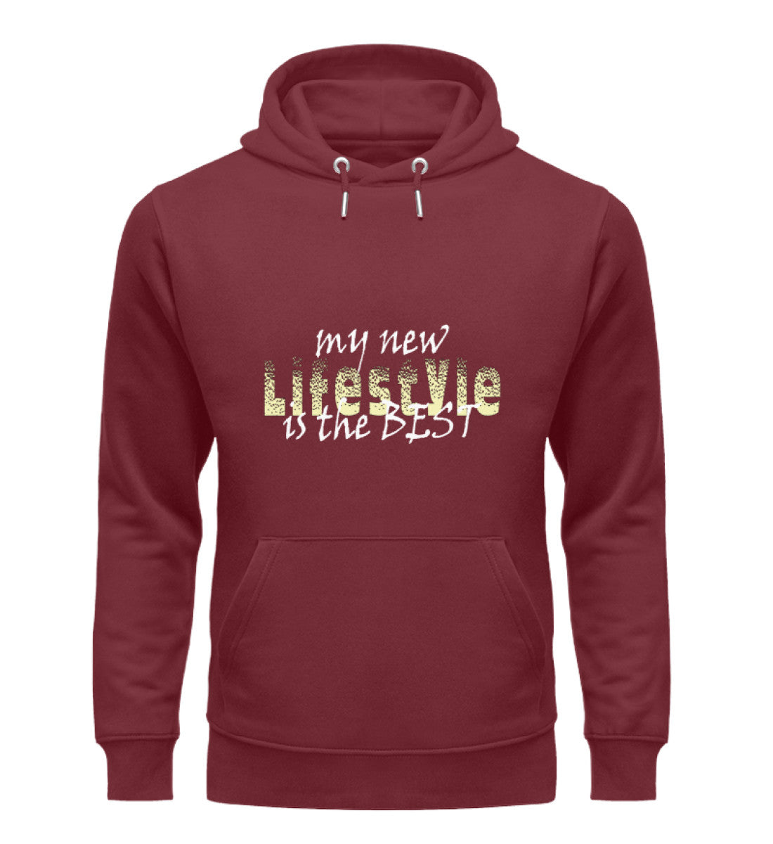 Unisex Bio Hoodie für Damen mit dem Aufdruck „My Lifestyle is the best“ in Dunkelrot (Burgundy-6883) von www.digiuliano.com