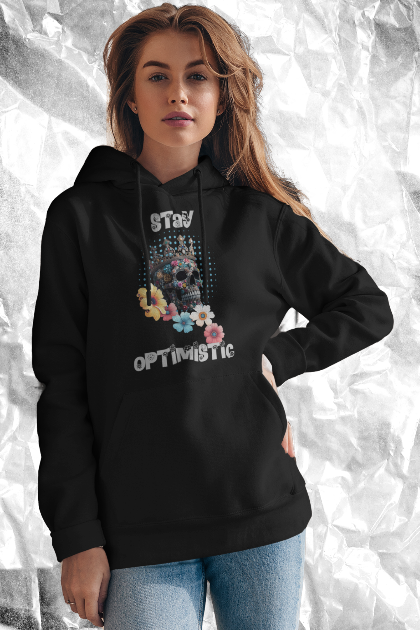 Unisex Premium Organic Hoodies Damen in Black-16 mit STAY-OPTIMISTIC Aufdruck