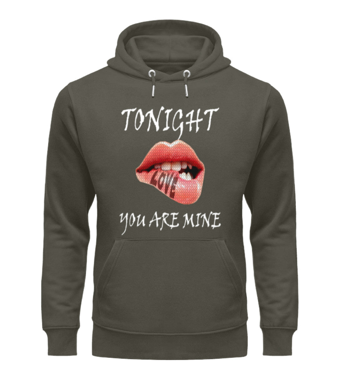 Unisex Premium Bio Hoodies Damen in Khaki-7151 mit TONIGHT-YOU-ARE-MINE Aufdruck