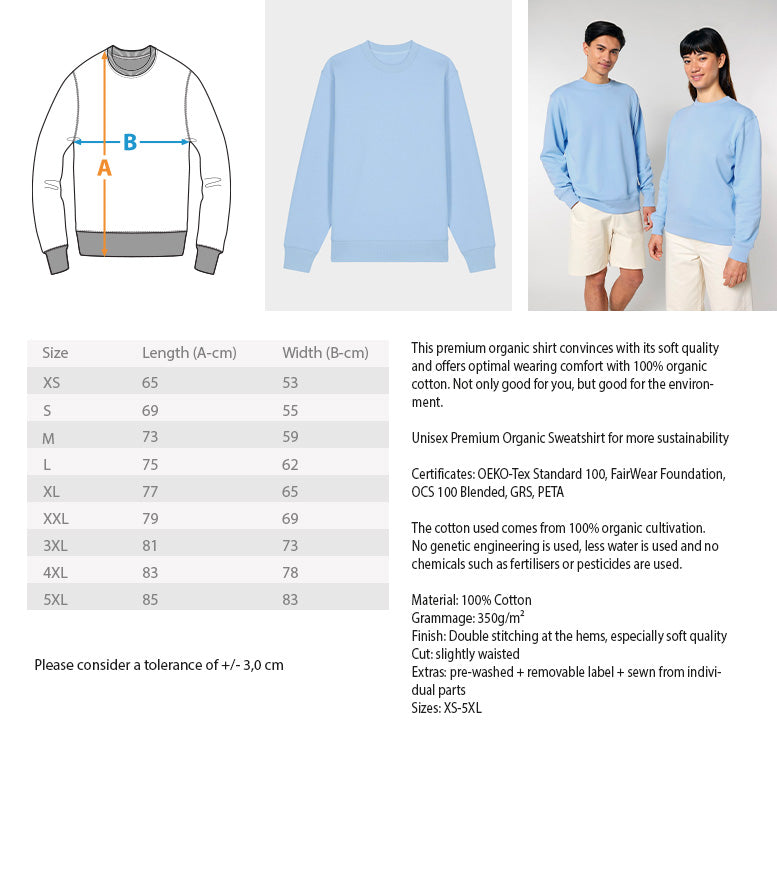 Maritimes Unisex Organic Sweatshirt mit Vintage VW Bulli, Surfbrechtern auf dem Dach, Palmen und dem Schriftzug „Sunset Beach Summertime West Coast“. Measurement - digiuliano.com