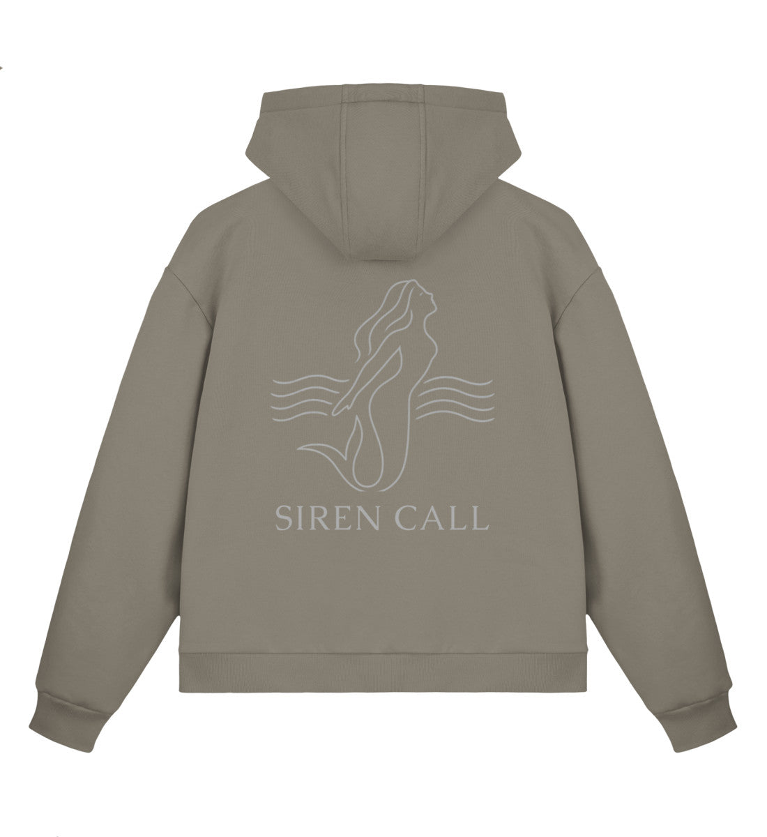 Oliv maritimer Boxcut Zipper mit weißer Minimal-Line-Art einer Meerjungfrau in den Wellen und dem Schriftzug „Siren Call“ auf dunklem Hintergrund. (Pale Olive-7353) www.digiuliano.com