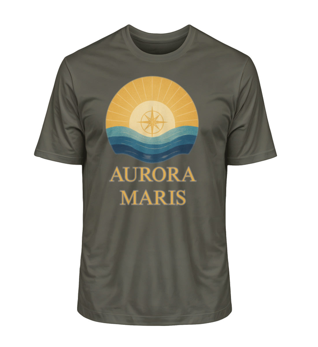 Maritimes Herren Organic Shirt mit AURORA MARIS-(Morgendämmerung des Meeres) Aufdruck in Dunkelgrün (Khaki-7151) von www.digiuliano.com