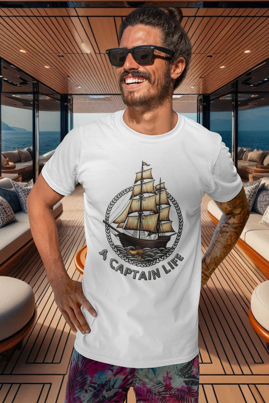 Goldenes Segelboot im Vintage-Stil auf navyblauem Bio-Herren-Shirt mit Schriftzug „A CAPTAIN LIFE“ von www.digiuliano.com