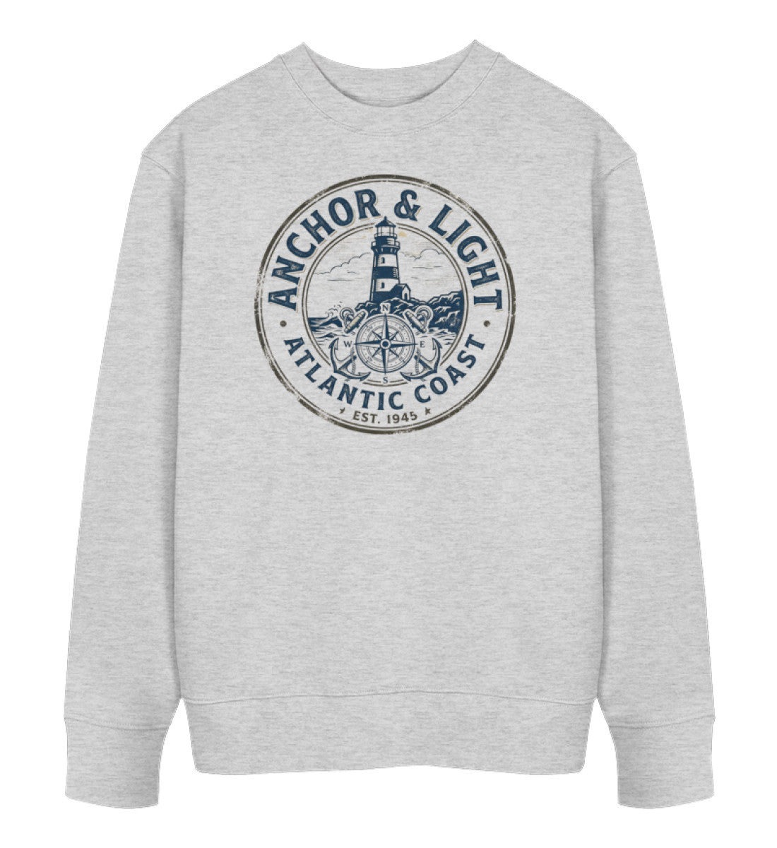 Grauer Unisex Organic Sweater, Rückansicht, mit Anchor & Light Leuchtturm- und Anker-Design von Di Giuliano (Heather Grey-6892)