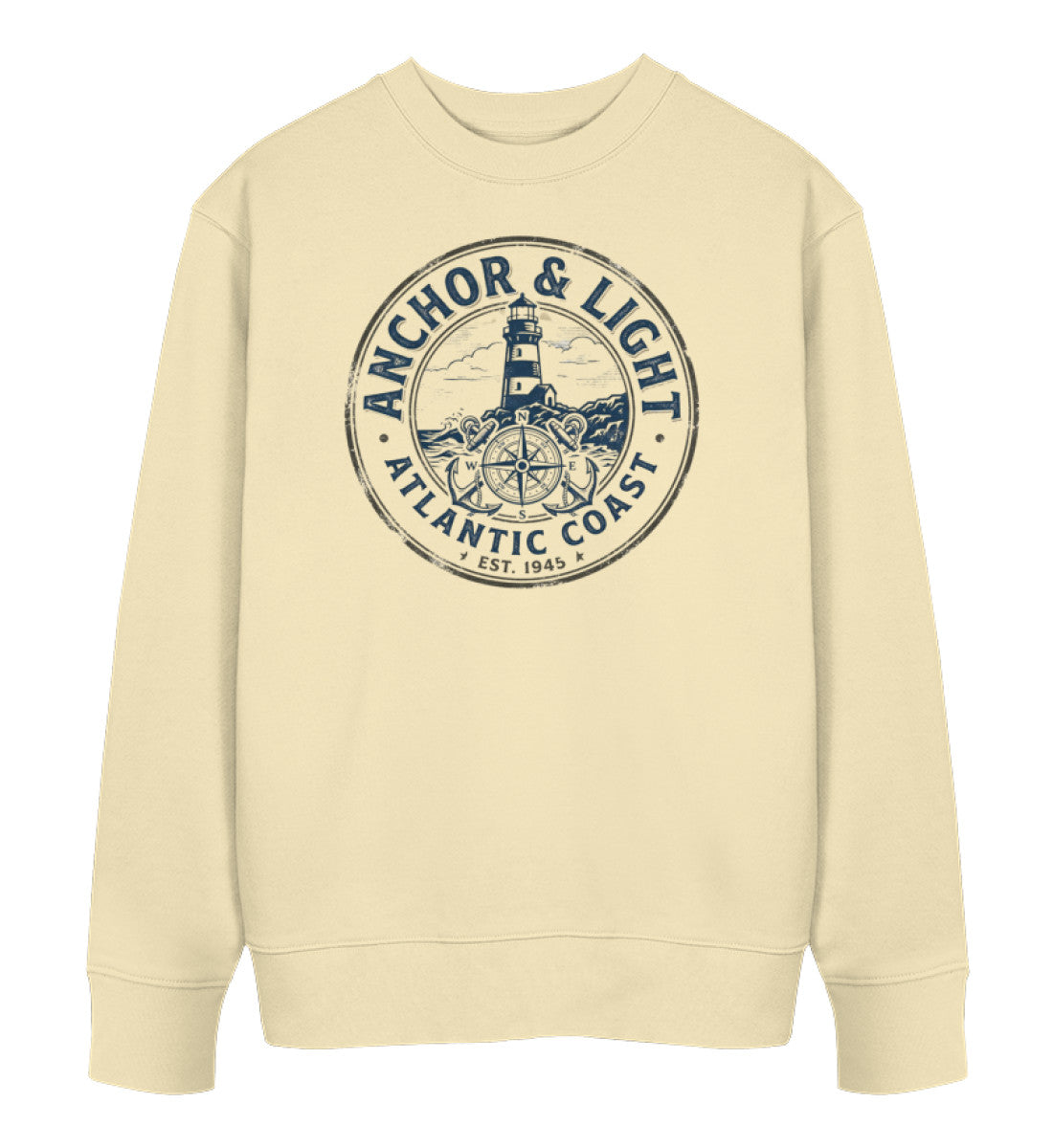 Natur/Ungebleicht Unisex Organic Sweater, Rückansicht, mit Anchor & Light Leuchtturm- und Anker-Design von Di Giuliano (Natural Raw-7131)
