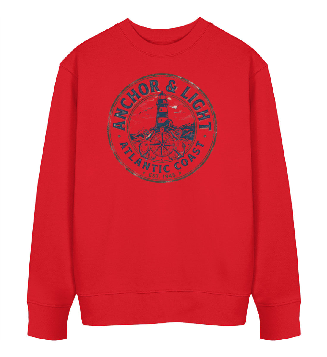 Roter Unisex Organic Sweater, Rückansicht, mit Anchor & Light Leuchtturm- und Anker-Design von Di Giuliano (Red-6882)