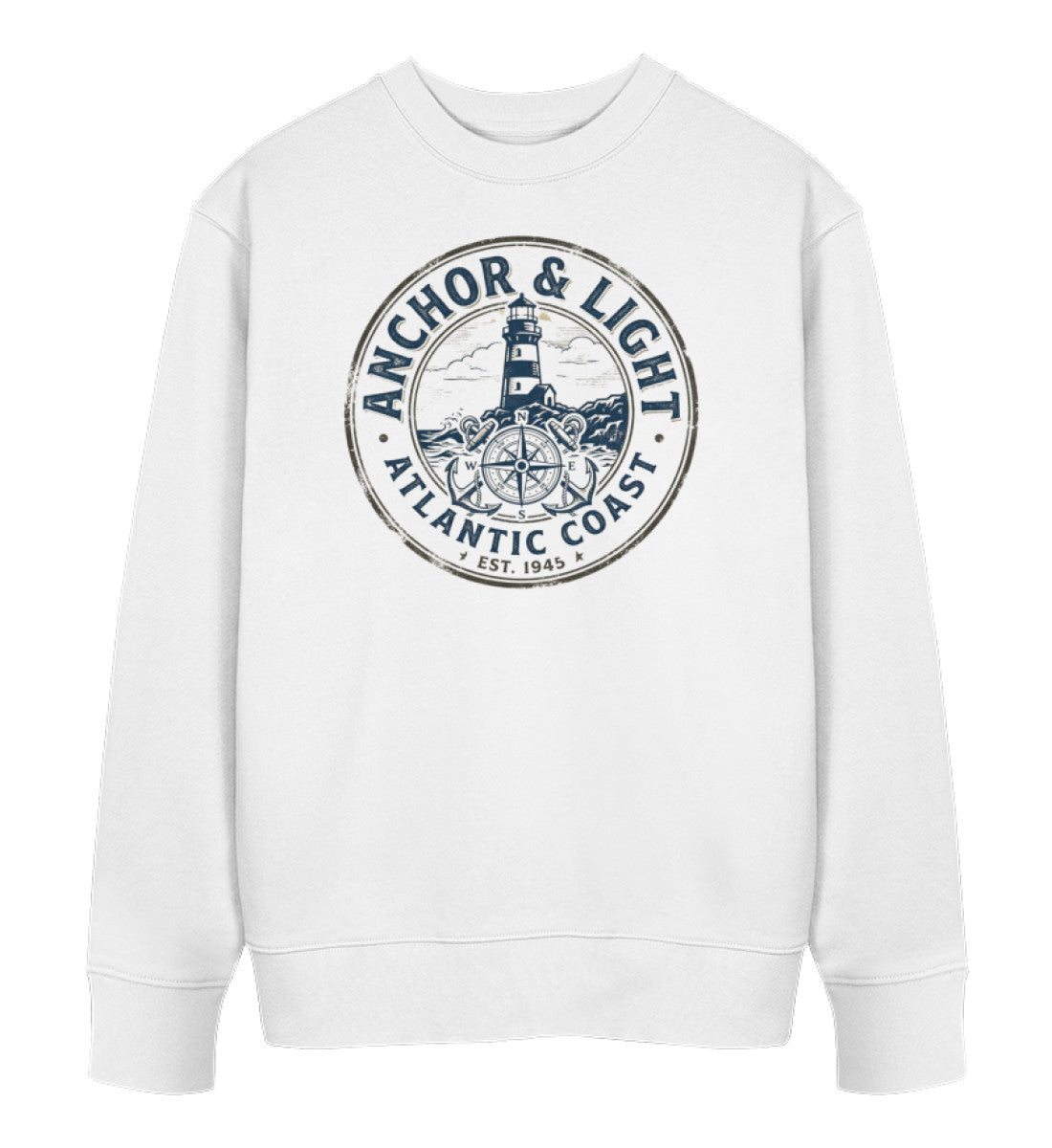Weißer Unisex Organic Sweater, Rückansicht, mit Anchor & Light Leuchtturm- und Anker-Design von Di Giuliano (White-3)