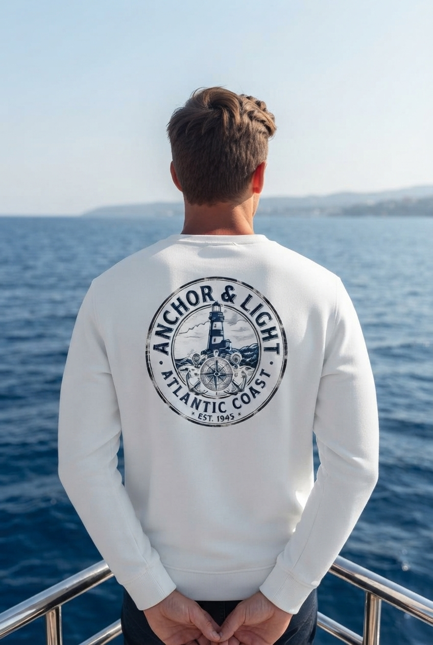 Weißer Unisex Organic Sweater, Rückansicht, mit Anchor & Light Leuchtturm- und Anker-Design von Di Giuliano (White-3)