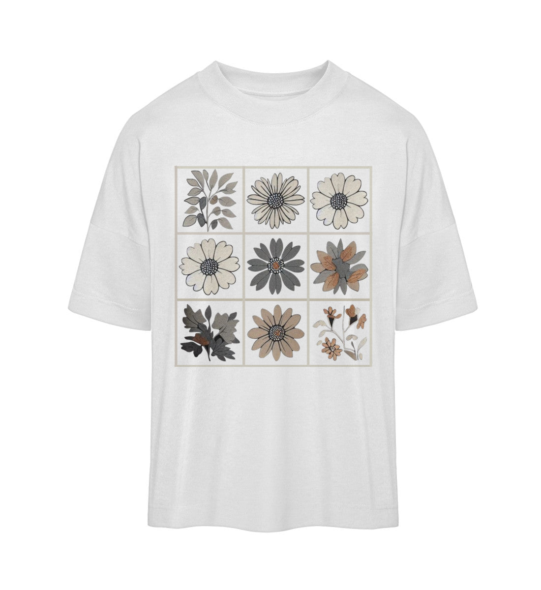 Weißes Oversized-Shirt aus Bio-Baumwolle mit floralem Boho-Design, nachhaltig und fair produziert. Farbe: White-3