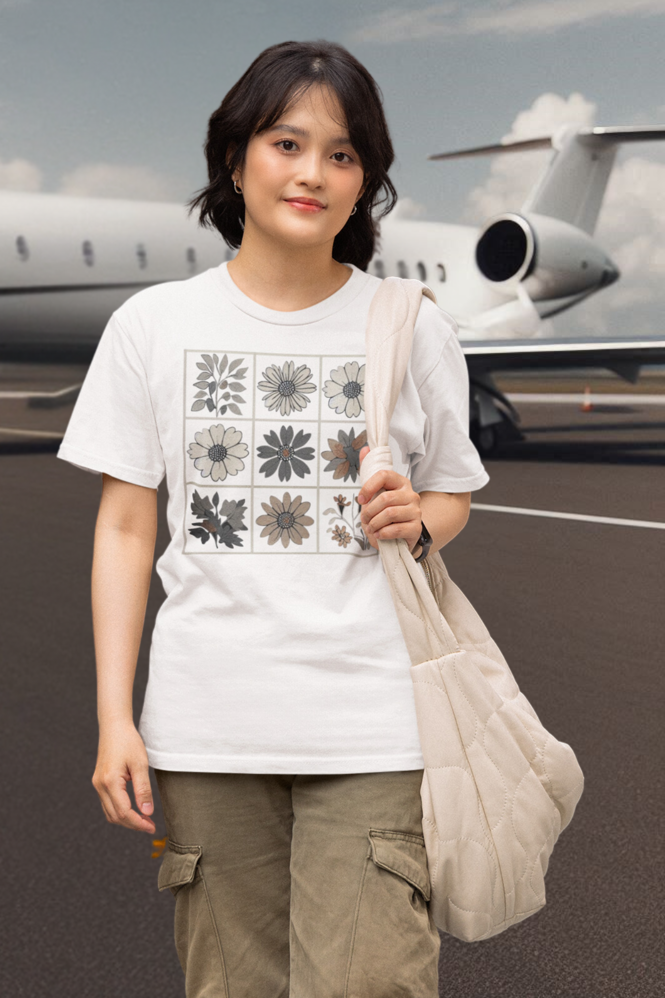 Weißes Oversized-Shirt aus Bio-Baumwolle mit floralem Boho-Design, nachhaltig und fair produziert. Farbe: Weiß