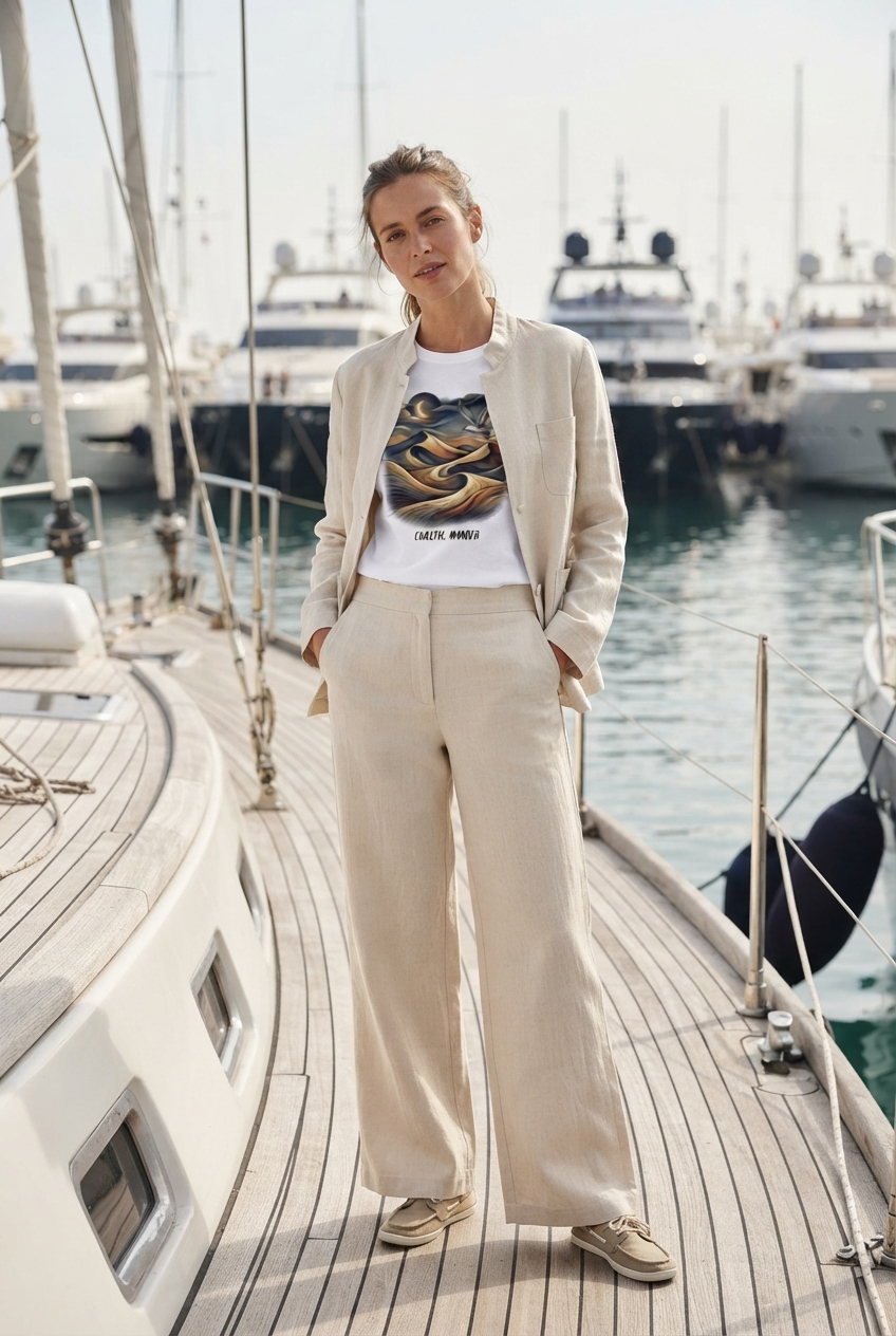 Eine Frau steht auf einem Holzsteg im Hafen vor Motoryachten und trägt das weiße Premium Organic Damen-Shirt „Coastal Wander“ mit einem künstlerischen Küsten- und Dünen-Motiv sowie einer passenden maritimen Hose (White-3)