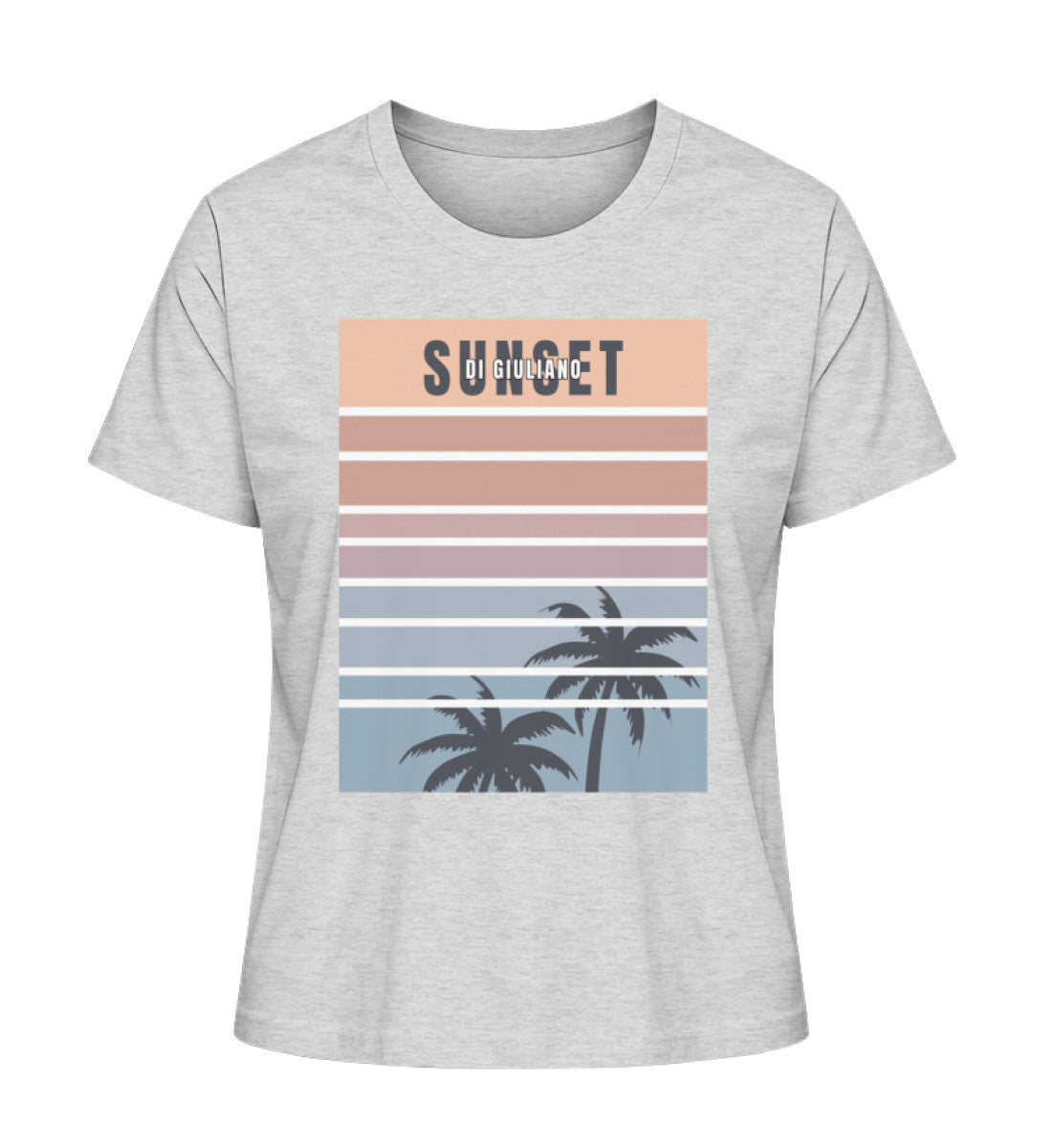 Nachhaltiges Damen Bio-T-Shirt ‚Sunset Vibes‘ aus 100 % Bio-Baumwolle mit maritimem Design & Sonnenuntergangs-Motiv in Hellgrau (Heather Grey-6892) von www.digiuliano.com