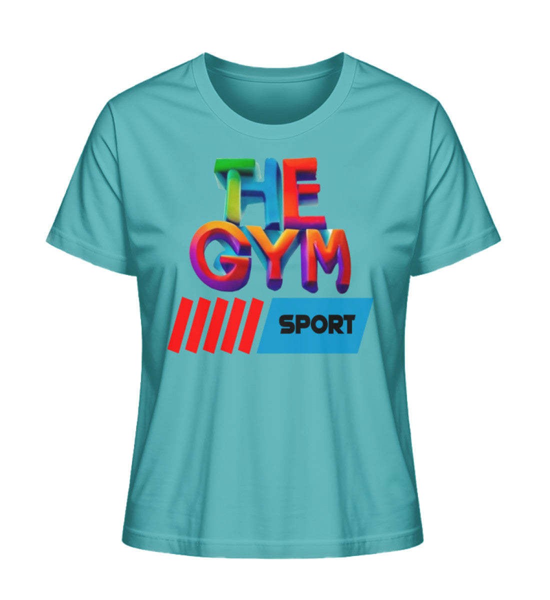 Stilvolles Premium Organic T-Shirt für Damen aus 100% Bio-Baumwolle mit "THE GYM"-Aufdruck in Aqua Blue-7235 mit THE-GYM-SPORT Aufdruck von www.digiuliano.com