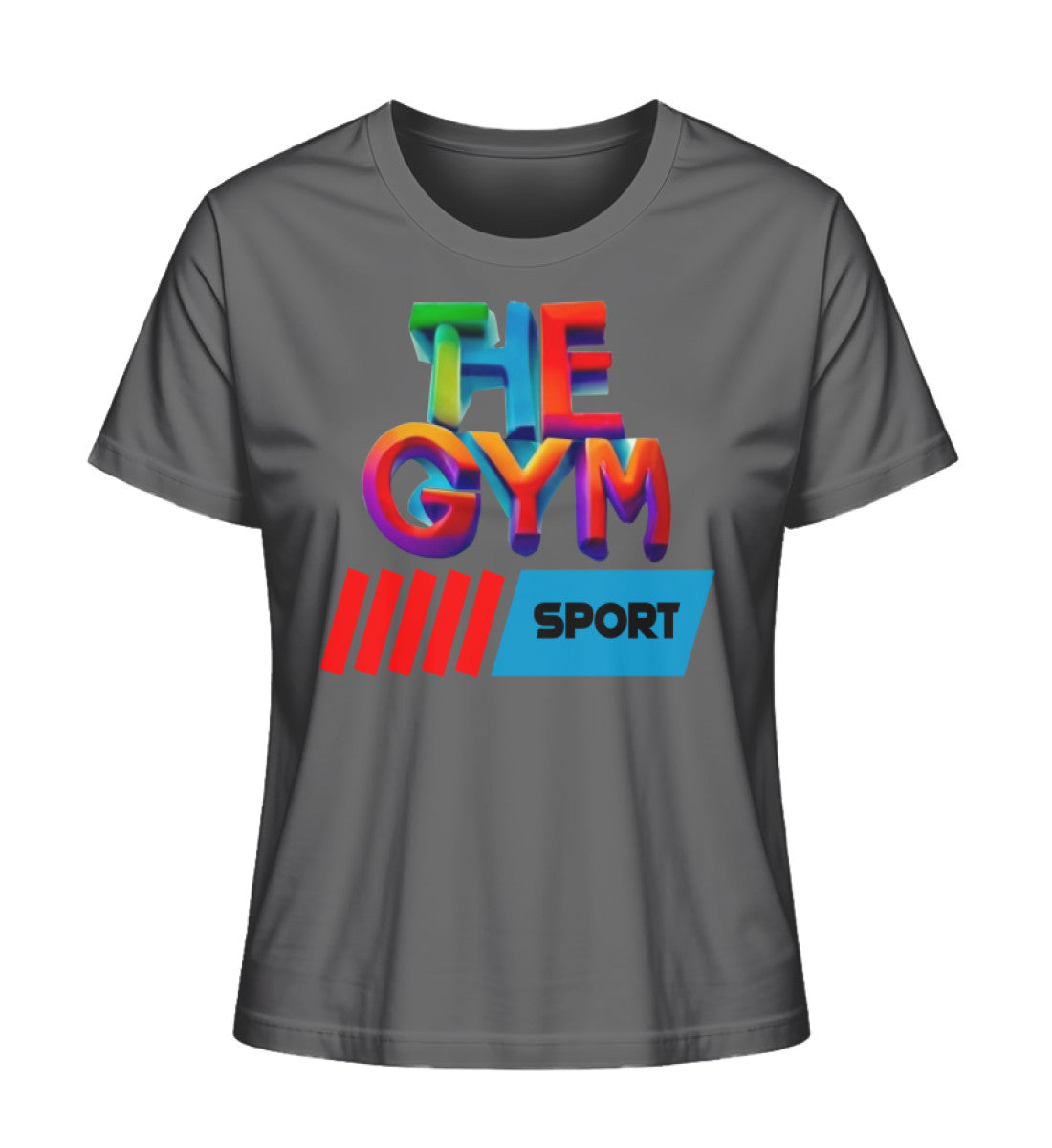 Stilvolles Premium Organic T-Shirt für Damen aus 100% Bio-Baumwolle mit "THE GYM"-Aufdruck in Dunkelgrau (Anthracite-6896) mit THE-GYM-SPORT Aufdruck von www.digiuliano.com