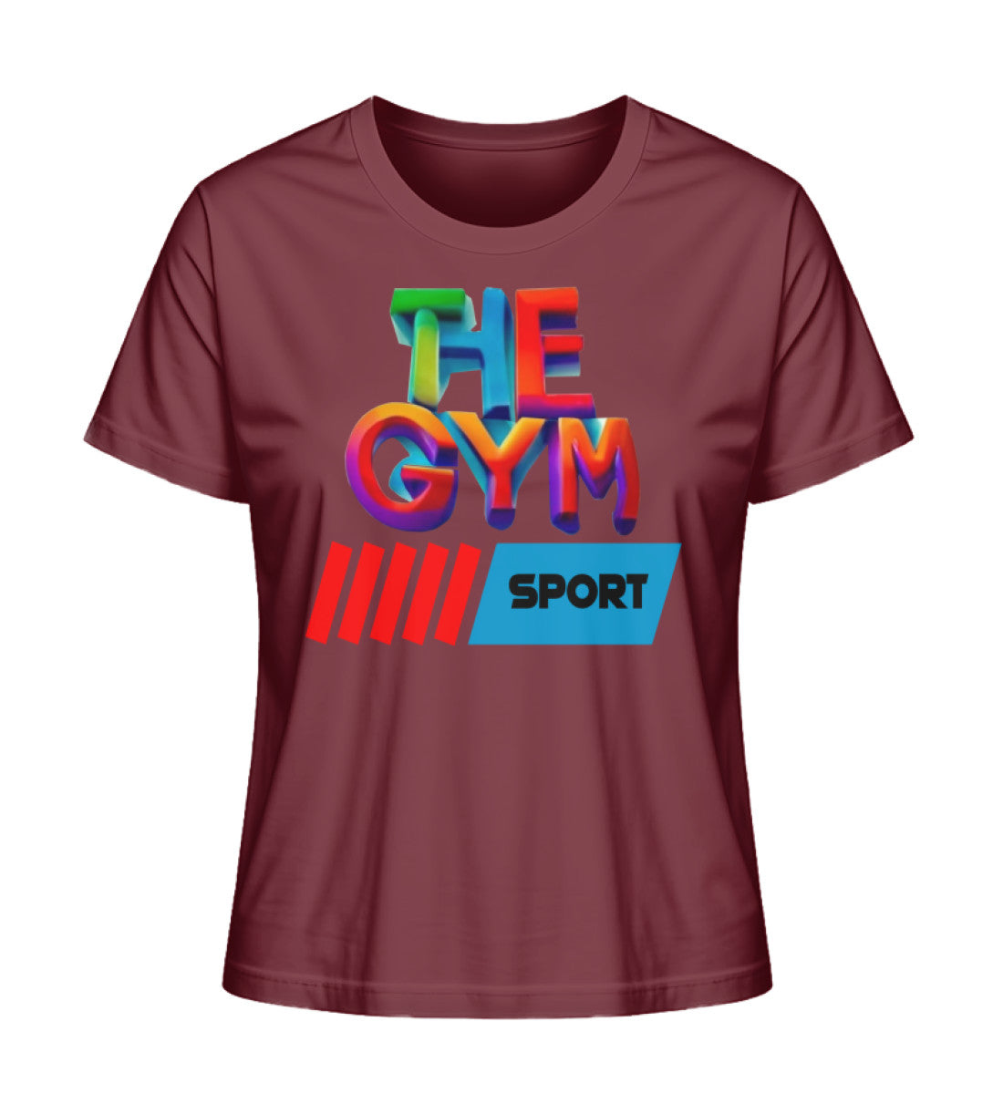 Stilvolles Premium Organic T-Shirt für Damen aus 100% Bio-Baumwolle mit "THE GYM"-Aufdruck in Dunkelrot (Burgundy-6883) mit THE-GYM-SPORT Aufdruck von www.digiuliano.com