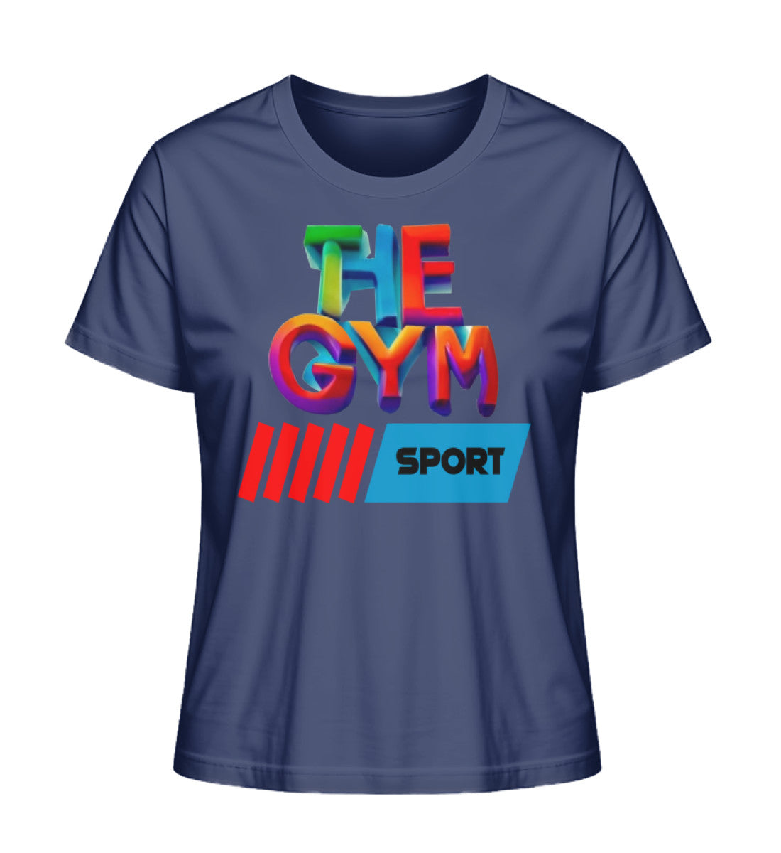 Stilvolles Premium Organic T-Shirt für Damen aus 100% Bio-Baumwolle mit "THE GYM"-Aufdruck in Marine (French Navy-6057) mit THE-GYM-SPORT Aufdruck von www.digiuliano.com