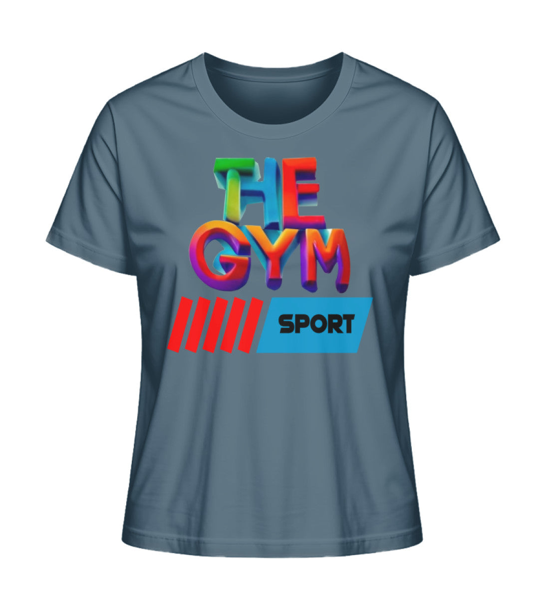 Stilvolles Premium Organic T-Shirt für Damen aus 100% Bio-Baumwolle mit "THE GYM"-Aufdruck in Mittelblau (Stargazer-6895) mit THE-GYM-SPORT Aufdruck von www.digiuliano.com