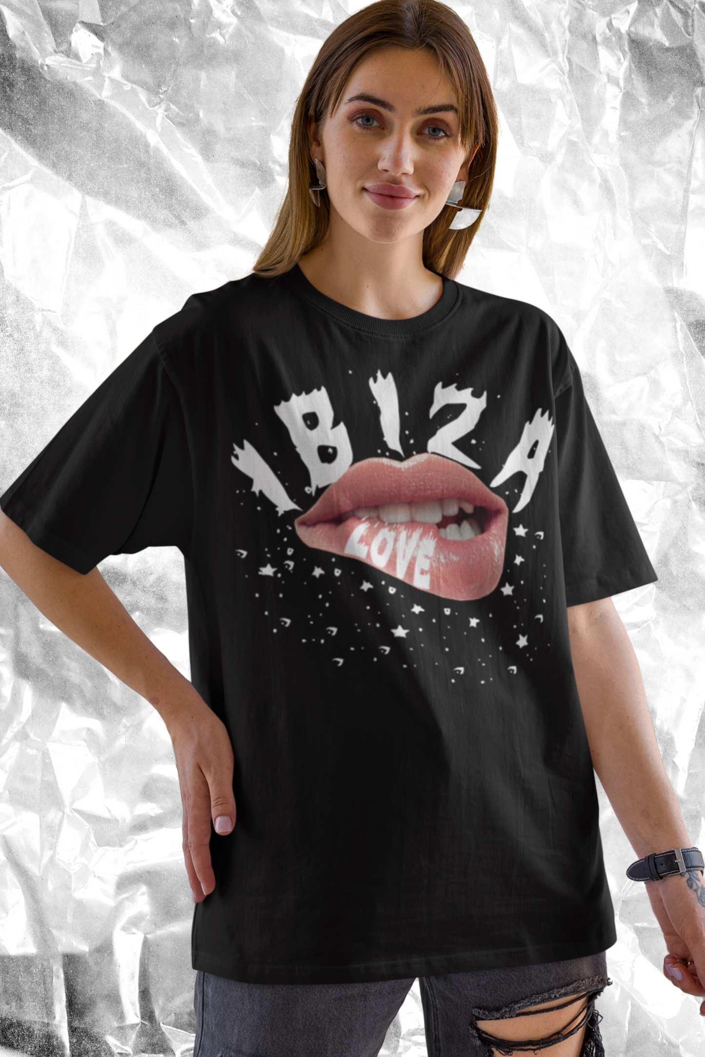 Oversized Damen-T-Shirt mit „IBIZA LOVE“-Aufdruck, nachhaltig aus Bio-Baumwolle in Black-16 von www.digiuliano.com