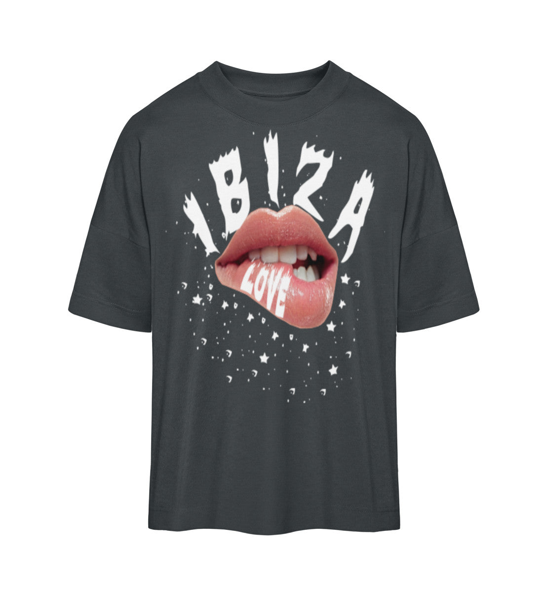 Oversized Damen-T-Shirt mit „IBIZA LOVE“-Aufdruck, nachhaltig aus Bio-Baumwolle in Grau (India Ink Grey-7147) von www.digiuliano.com