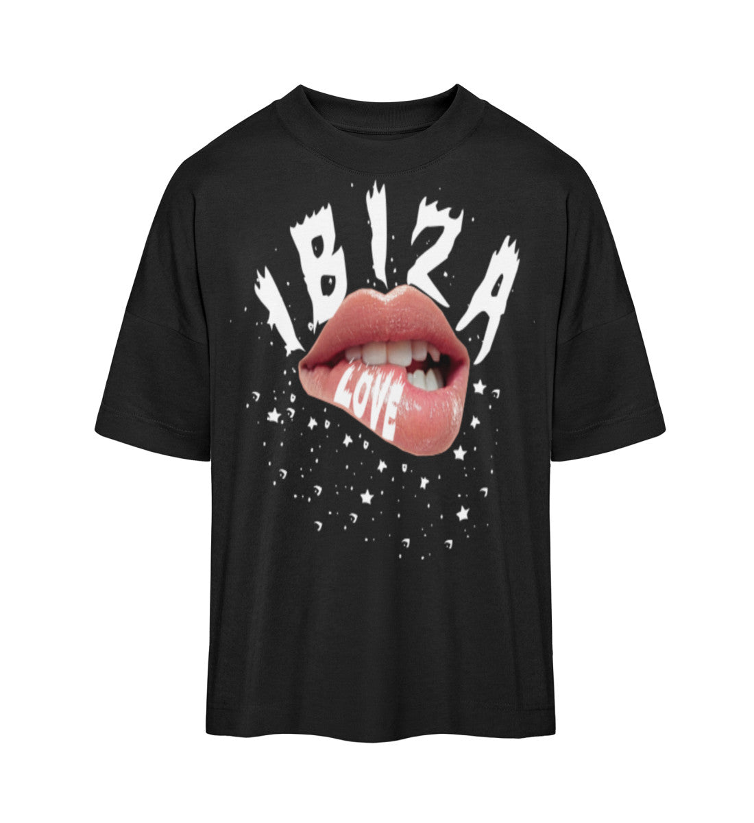 Oversized Damen-T-Shirt mit „IBIZA LOVE“-Aufdruck, nachhaltig aus Bio-Baumwolle in Schwarz (Black-16) von www.digiuliano.com 