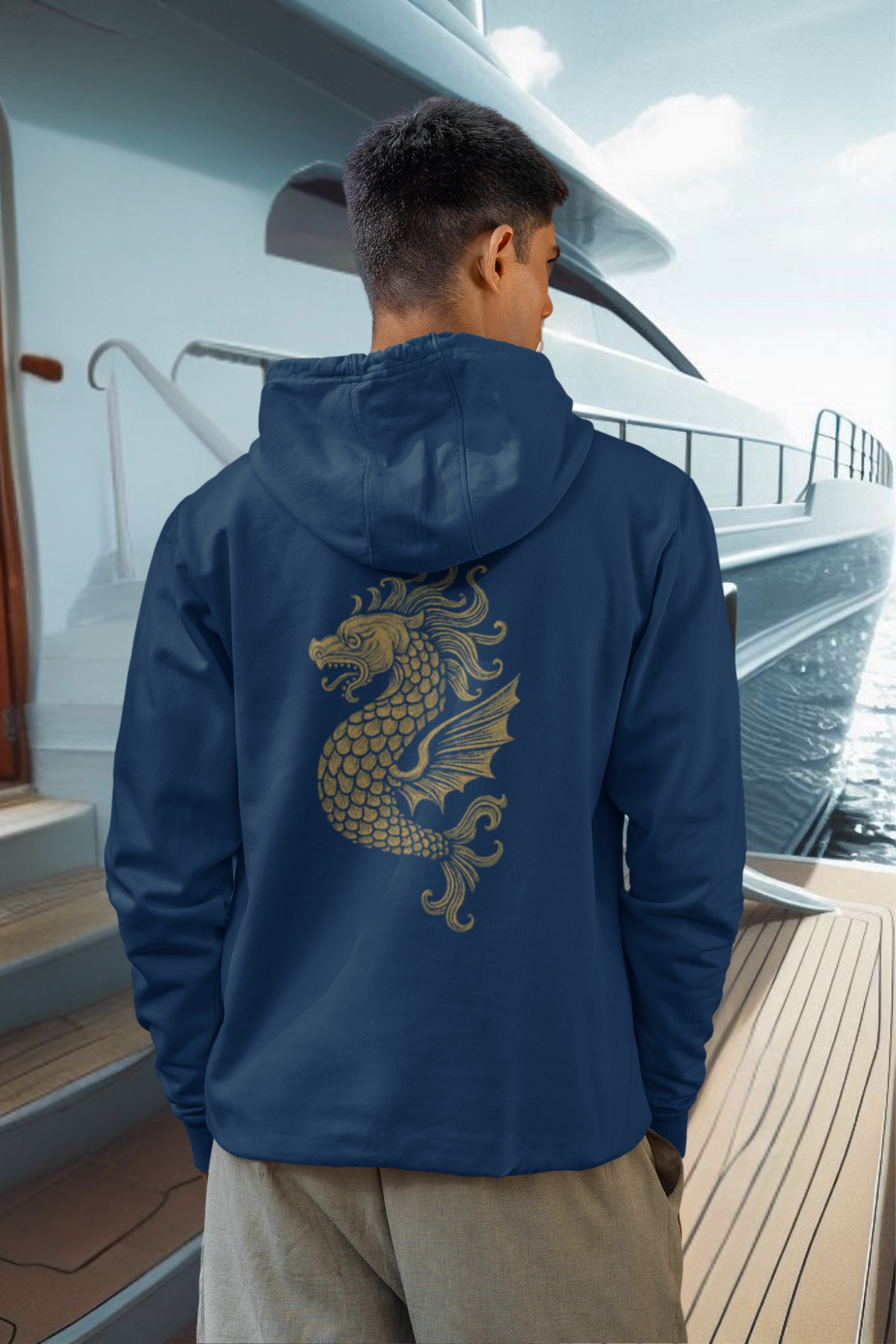 Maritimer Zipper Hoodie aus Bio-Baumwolle mit Motiv „Mythen des Meeres“ und hochwertigem Rückenprint.