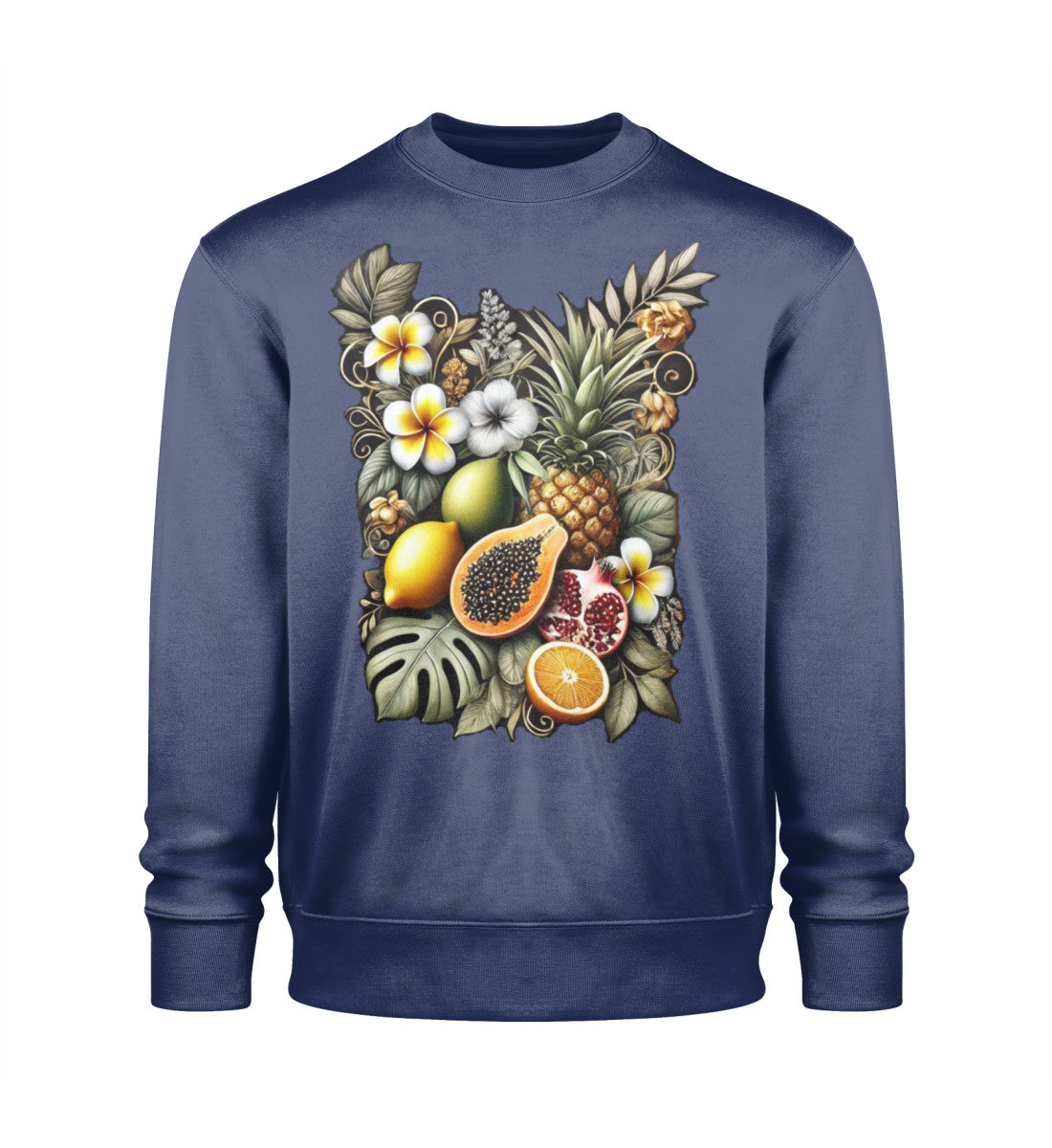 Edles Sweatshirt für Damen aus Bio-Baumwolle mit tropischem Design – nachhaltig & fair produziert. Farbe: French Navy-6057