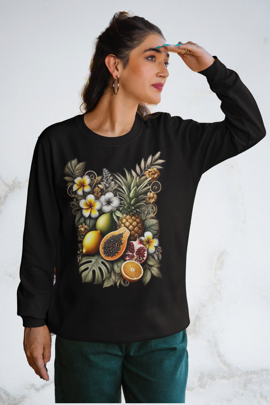 Edles Sweatshirt für Damen aus Bio-Baumwolle mit tropischem Design – nachhaltig & fair produziert“