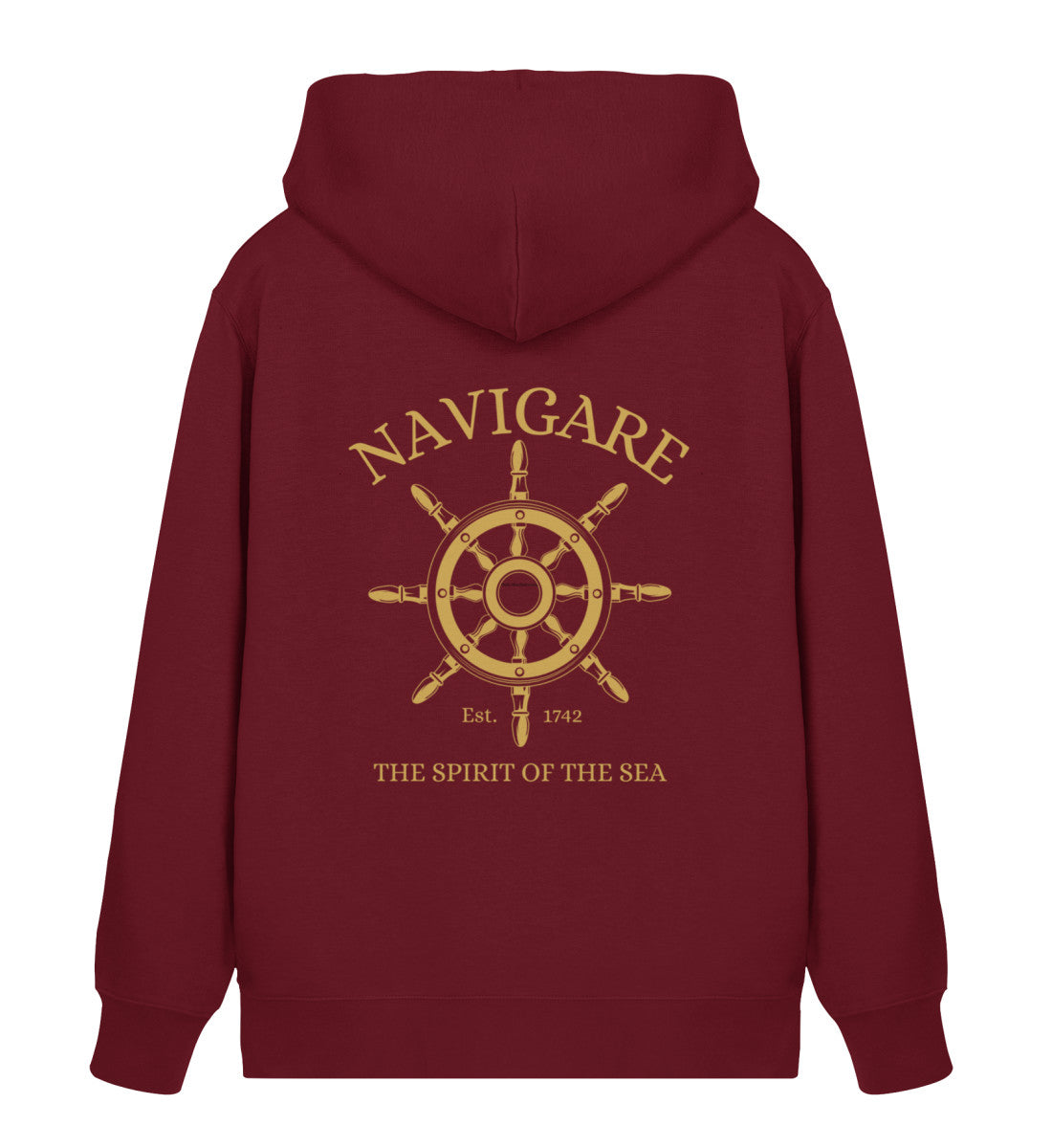 Maritim Unisex Organic Zipper Hoodie aus Bio-Baumwolle mit maritimen goldenen Steuerrad Motiv in Dunkelrot (Burgundy-6883) von www.digiuliano.com